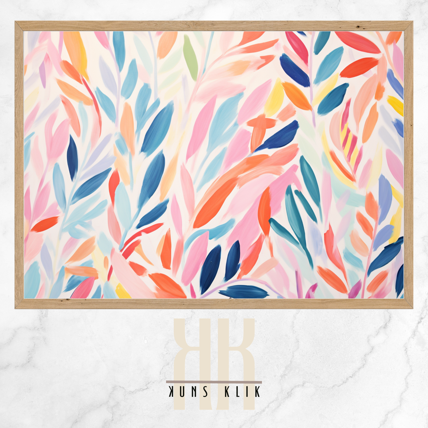 The artwork is a Matisse-style painting featuring a loose, abstract pattern of leaf shapes in a variety of pastel and vibrant hues against a white background. The brushstrokes are visible, giving a textured and dynamic feel to the composition. The color palette includes shades of blue, pink, orange, and yellow, creating a cheerful and lively atmosphere. The overall effect is reminiscent of a breezy, spring day.