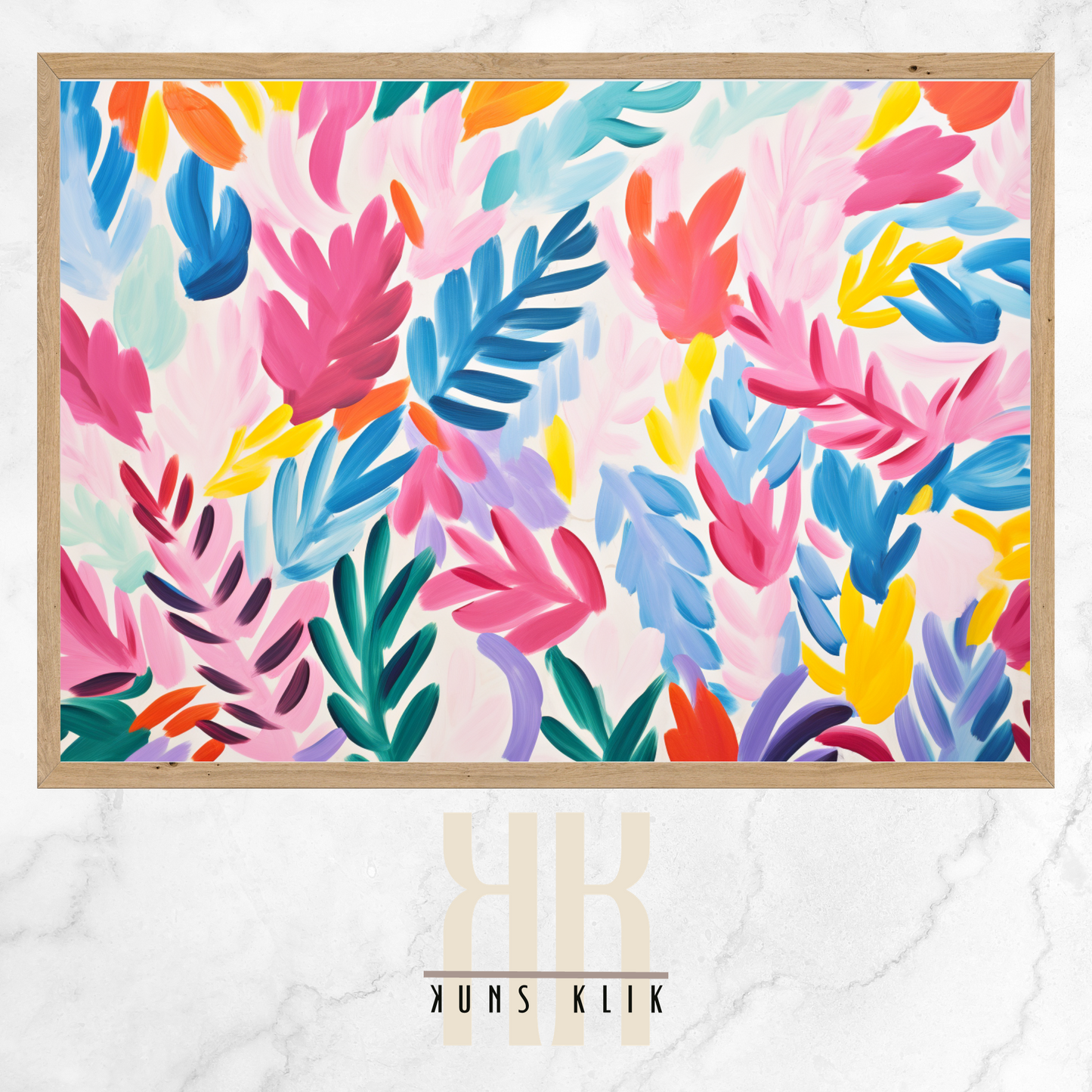 The artwork is a Matisse-style painting featuring a loose, abstract pattern of leaf shapes in a variety of pastel and vibrant hues against a white background. The brushstrokes are visible, giving a textured and dynamic feel to the composition. The color palette includes shades of blue, pink, orange, and yellow, creating a cheerful and lively atmosphere. The overall effect is reminiscent of a breezy, spring day.