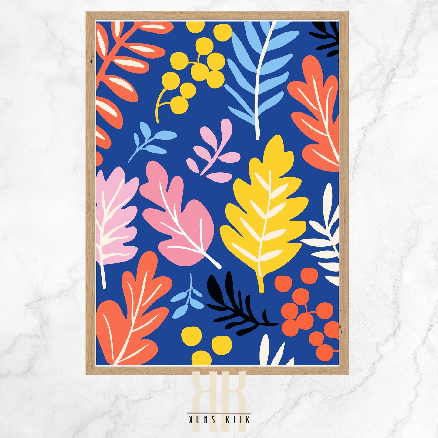 The image is a vibrant, abstract illustration featuring a variety of leaves and botanical elements in bold, flat colors. Set against a deep blue background, the leaves are stylized with energetic shapes in shades of pink, yellow, orange, and light blue, creating a playful and cheerful pattern. The overall effect is one of a lively and colorful celebration of nature's foliage.