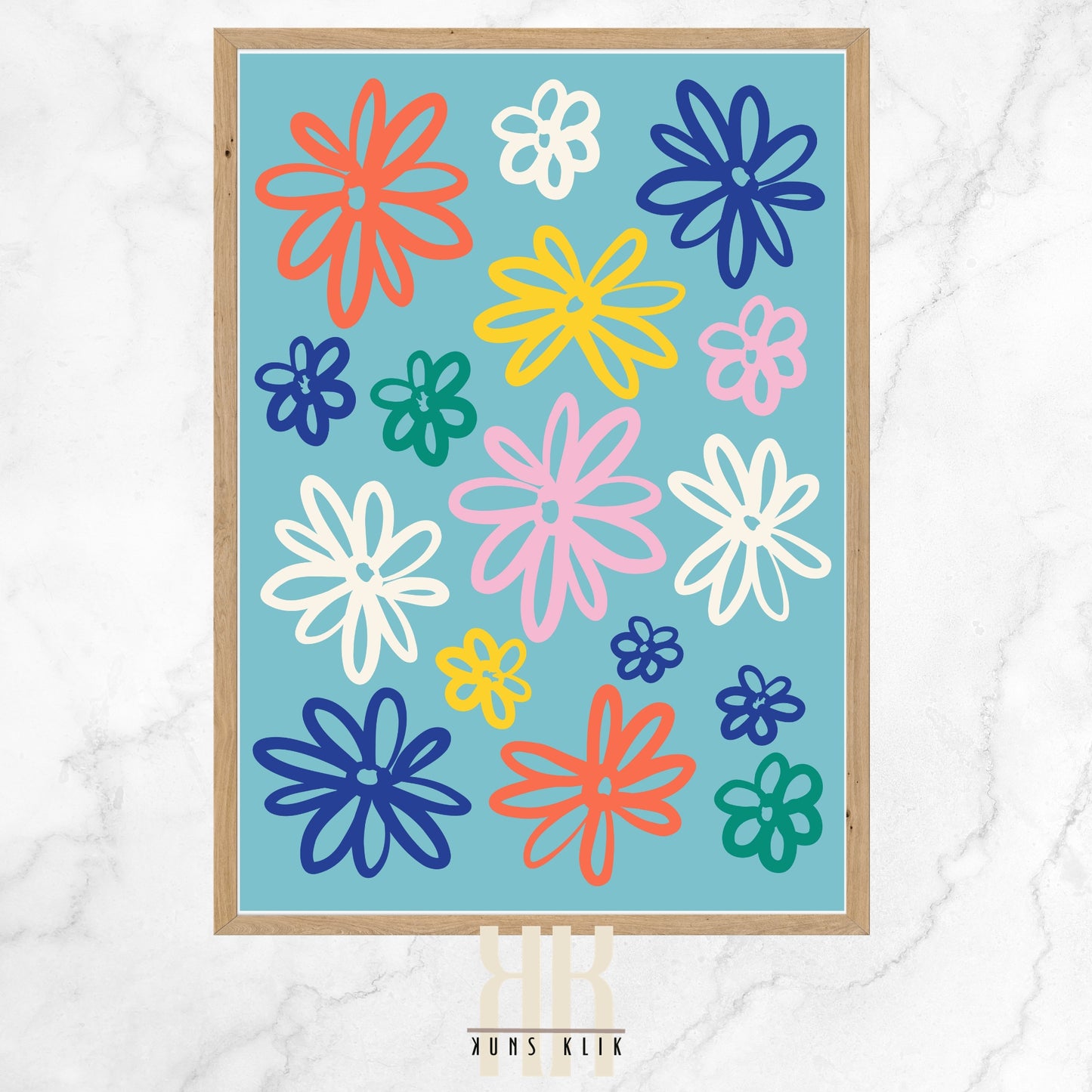 This image is a vibrant graphic illustration featuring a collection of stylized flowers in a variety of colors and sizes against a soft blue background. The flowers, in shades of orange, yellow, pink, white, green, and blue, are simplified, playful representations with varying numbers of petals, conveying a whimsical, cheerful atmosphere. The flat colors and bold outlines give the artwork a modern, graphic look.