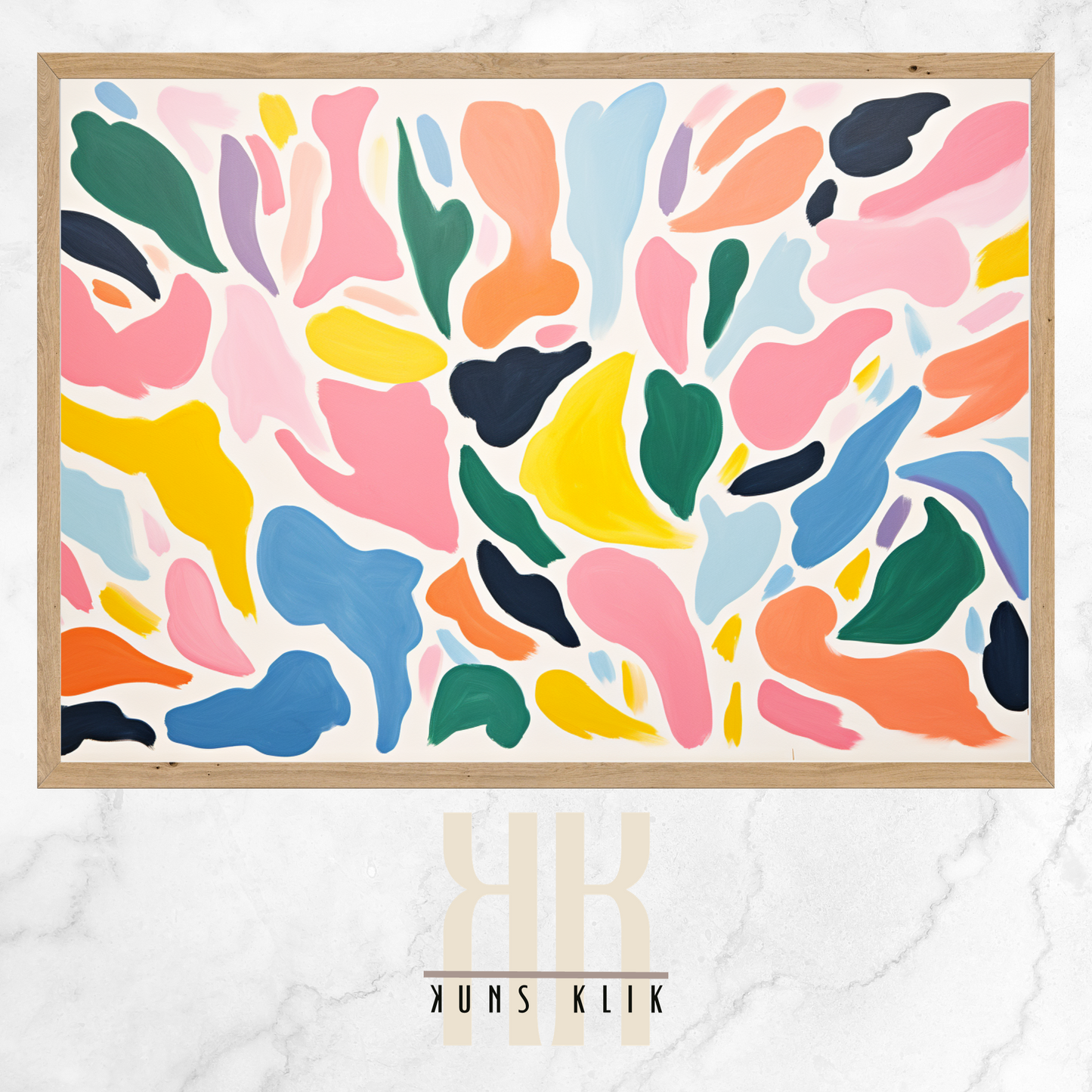The artwork is a Matisse-style painting featuring a loose, abstract pattern of leaf shapes in a variety of pastel and vibrant hues against a white background. The brushstrokes are visible, giving a textured and dynamic feel to the composition. The color palette includes shades of blue, pink, orange, and yellow, creating a cheerful and lively atmosphere. The overall effect is reminiscent of a breezy, spring day.