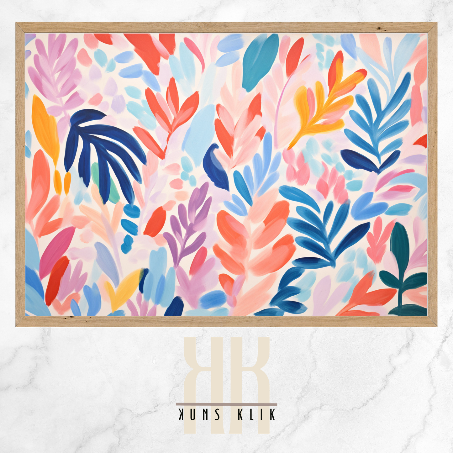The artwork is a Matisse-style painting featuring a loose, abstract pattern of leaf shapes in a variety of pastel and vibrant hues against a white background. The brushstrokes are visible, giving a textured and dynamic feel to the composition. The color palette includes shades of blue, pink, orange, and yellow, creating a cheerful and lively atmosphere. The overall effect is reminiscent of a breezy, spring day.