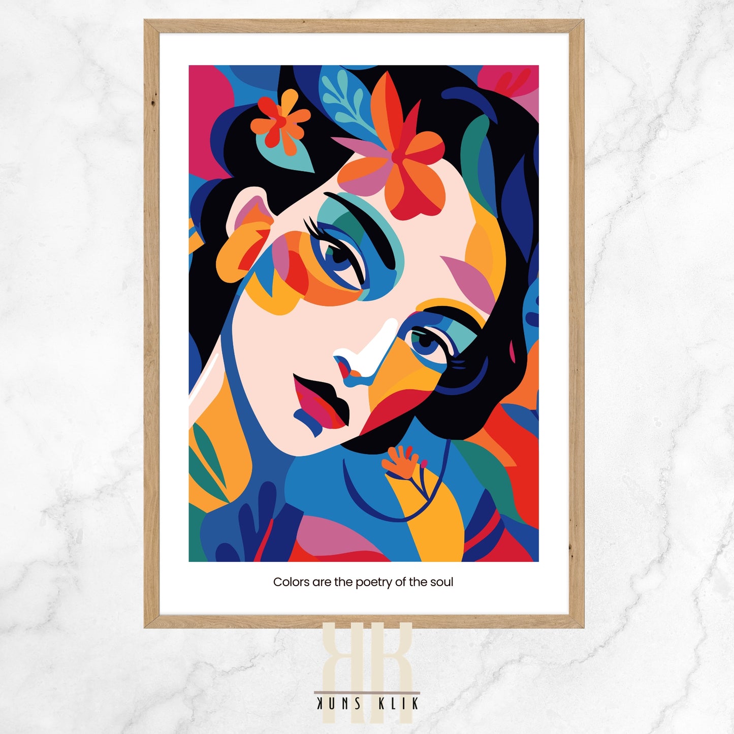 This is a vibrant, abstract portrait featuring a female figure composed of bold, colorful shapes and floral elements. The subject's face is a mosaic of saturated blues, oranges, yellows, and reds, with the eyes, nose, and lips distinctly outlined in black. Floral motifs and leaf-like patterns intertwine around her visage, contributing to the image's dynamic and lively feel.