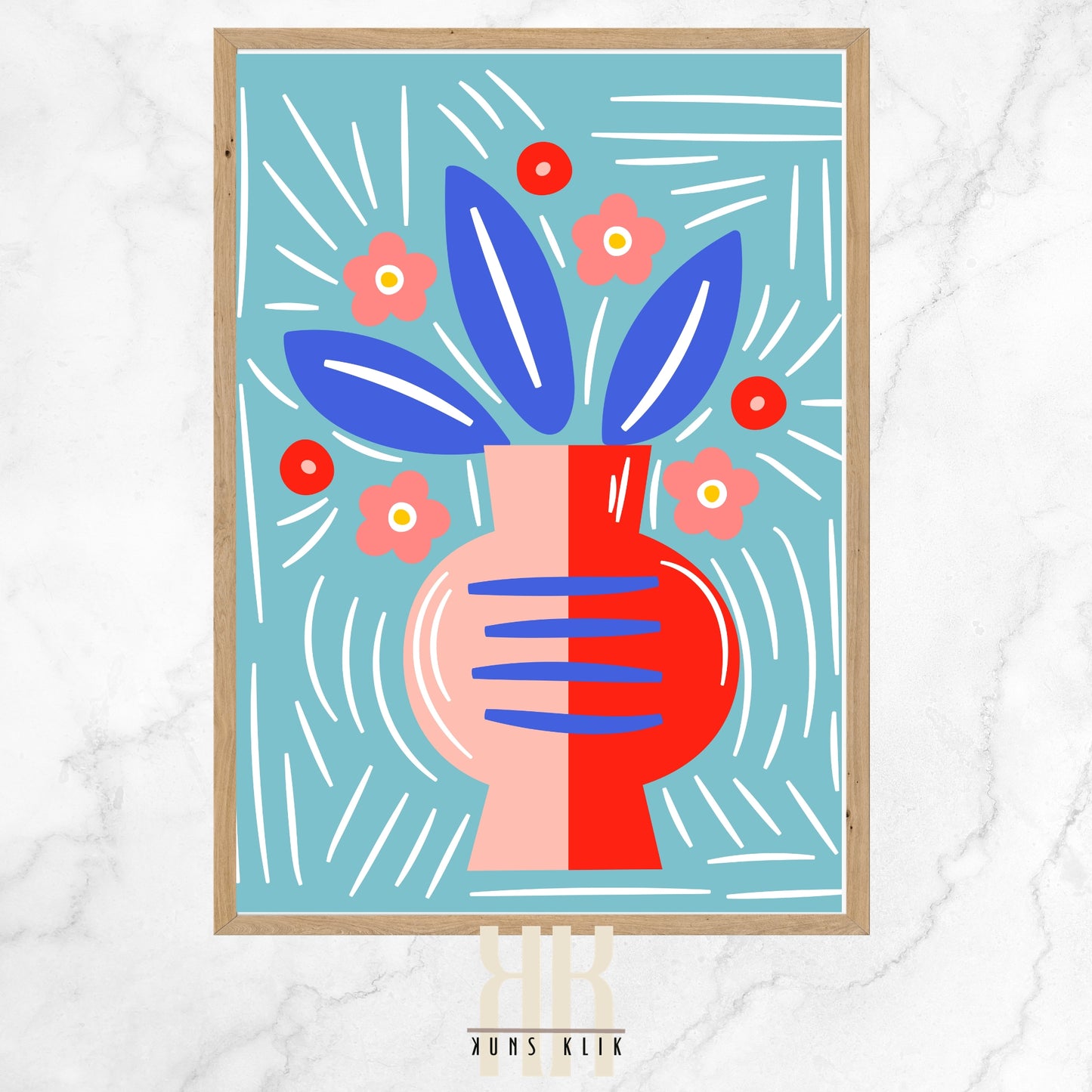 The image is a stylized digital artwork that features a modern, abstract depiction of a vase with flowers. The vase is central, with a bold red and pink design against a pastel blue background. It is adorned with large, simplified blue leaves and small, pink flowers with yellow centers. Red circles and white lines add dynamic elements around the vase, suggesting radiance or movement.