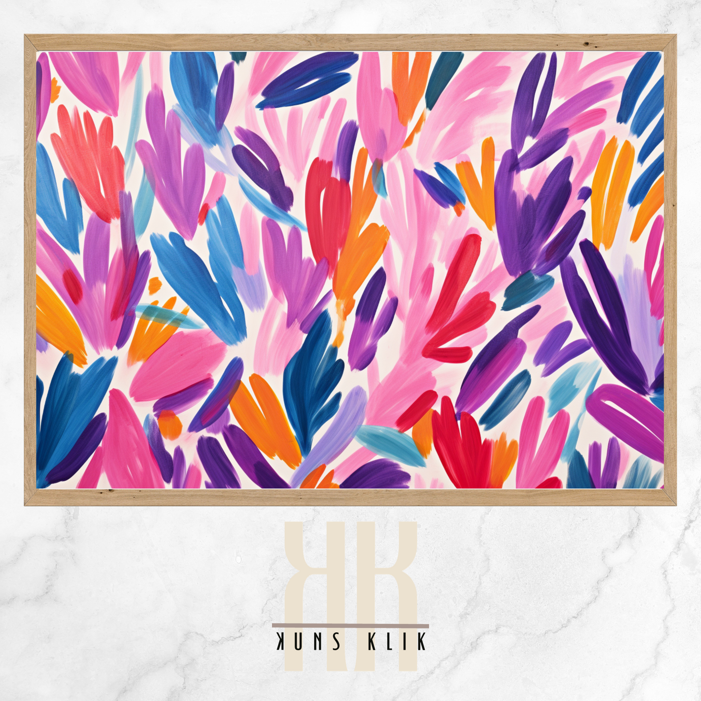 The artwork is a Matisse-style painting featuring a loose, abstract pattern of leaf shapes in a variety of pastel and vibrant hues against a white background. The brushstrokes are visible, giving a textured and dynamic feel to the composition. The color palette includes shades of blue, pink, orange, and yellow, creating a cheerful and lively atmosphere. The overall effect is reminiscent of a breezy, spring day.