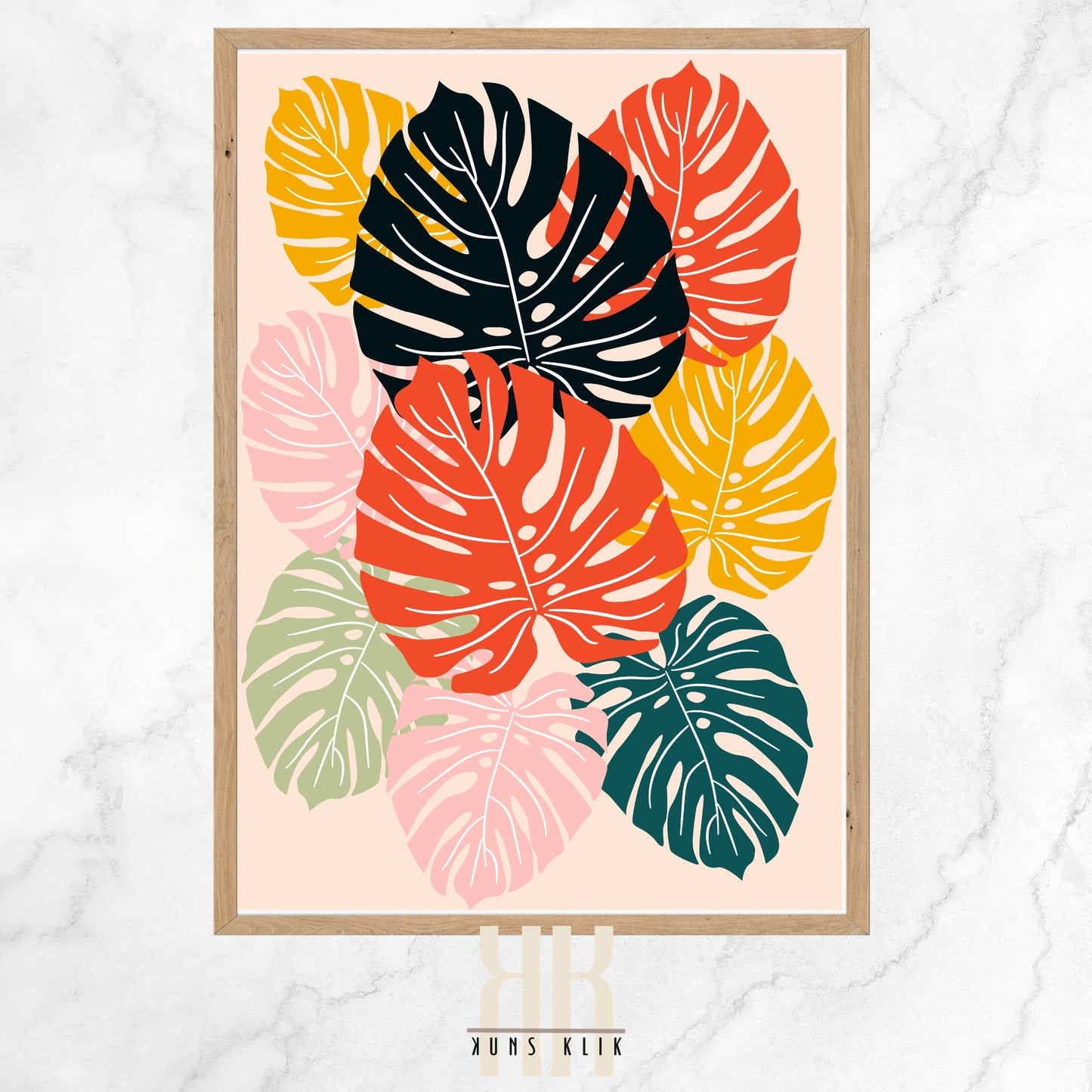 The image displays a graphic illustration of overlapping monstera leaves in a vibrant array of colors including yellow, black, red, pink, and green, set against a soft peach background. The leaves are stylized with solid colors and feature visible line details depicting the natural splits and holes characteristic of monstera leaves. The composition is modern and bold, using a flat art style to create a visually striking botanical pattern.