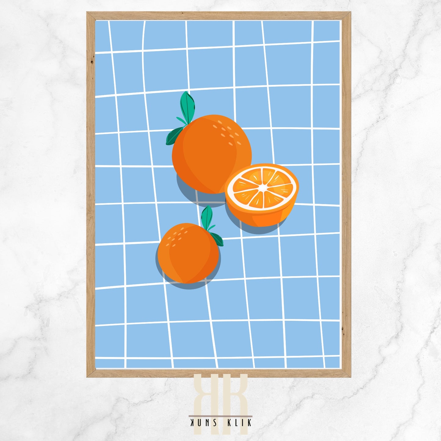 The image is a cheerful, graphic illustration of bright orange citrus fruits on a blue and white grid background, reminiscent of a kitchen tile. Two whole oranges with green leaves and one halved orange showing the inner fruit segments are prominently displayed. The style is clean and modern with a playful use of shadow to give a slight sense of depth, suggesting the oranges are resting on the tiled surface.