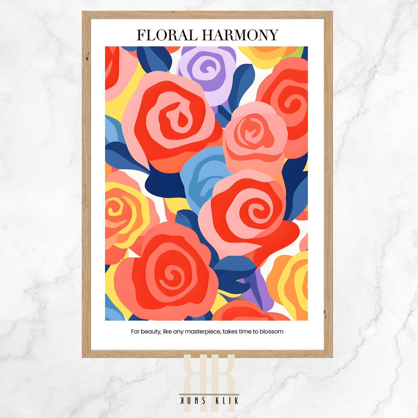 The image is a vibrant, abstract floral print titled "FLORAL HARMONY" with a rich array of stylized roses in full bloom. The roses, in vivid shades of red, pink, purple, and yellow, overlap against a backdrop of blue leaves and yellow accents. Each rose features swirling patterns, giving the impression of depth and movement. The composition is bold and dynamic, with a modern take on floral design.