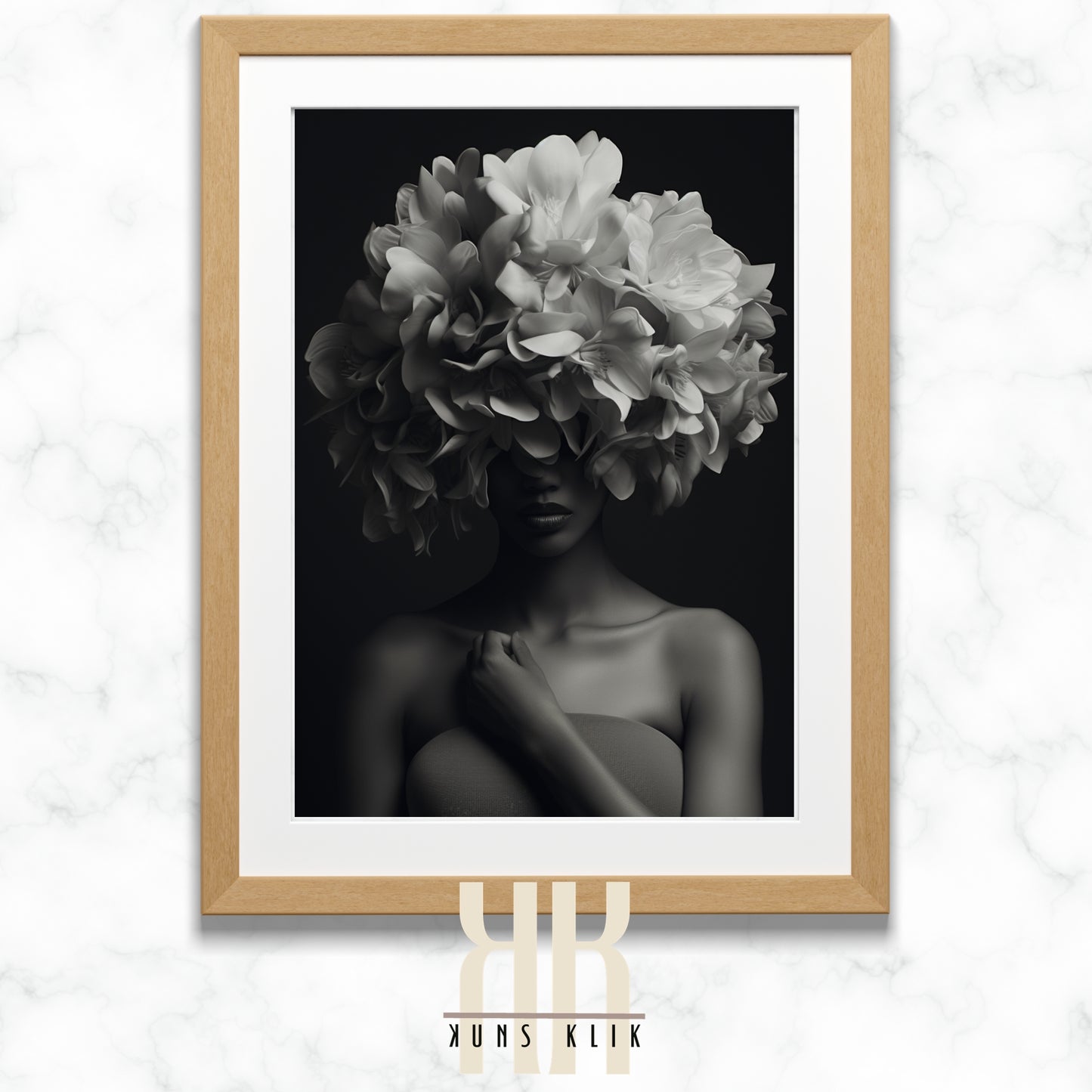 black and white photo of woman with a bouquet of flowers in front of her head