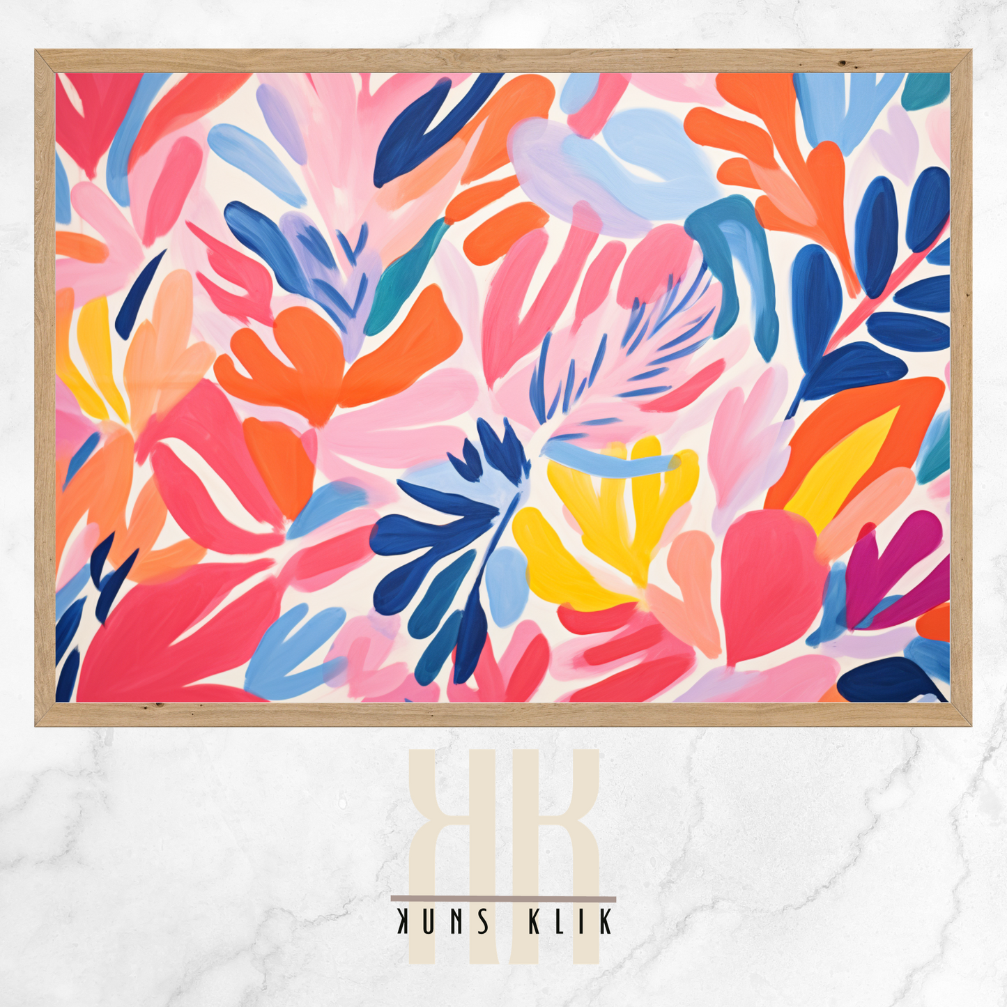 The artwork is a Matisse-style painting featuring a loose, abstract pattern of leaf shapes in a variety of pastel and vibrant hues against a white background. The brushstrokes are visible, giving a textured and dynamic feel to the composition. The color palette includes shades of blue, pink, orange, and yellow, creating a cheerful and lively atmosphere. The overall effect is reminiscent of a breezy, spring day.