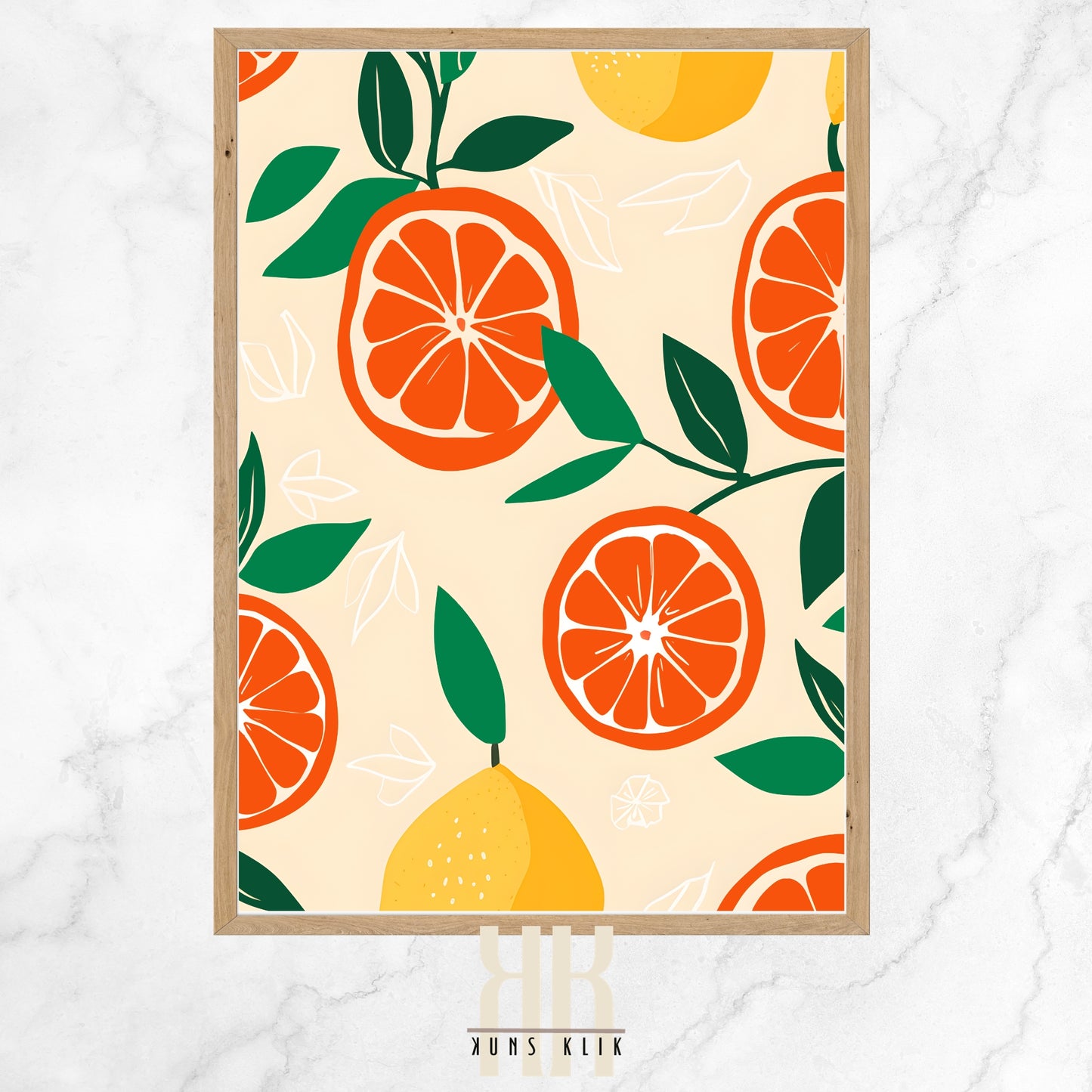 The image is a bright and cheerful illustration featuring a pattern of citrus fruits and leaves. It showcases several large, round, and vividly orange citrus fruits, possibly oranges or grapefruits, cut in half to reveal the segments, interspersed with whole lemons colored in a lighter, lemon-yellow hue. The fruits are adorned with green leaves and smaller white citrus flower outlines on a warm, light beige background, creating a fresh and summery vibe.