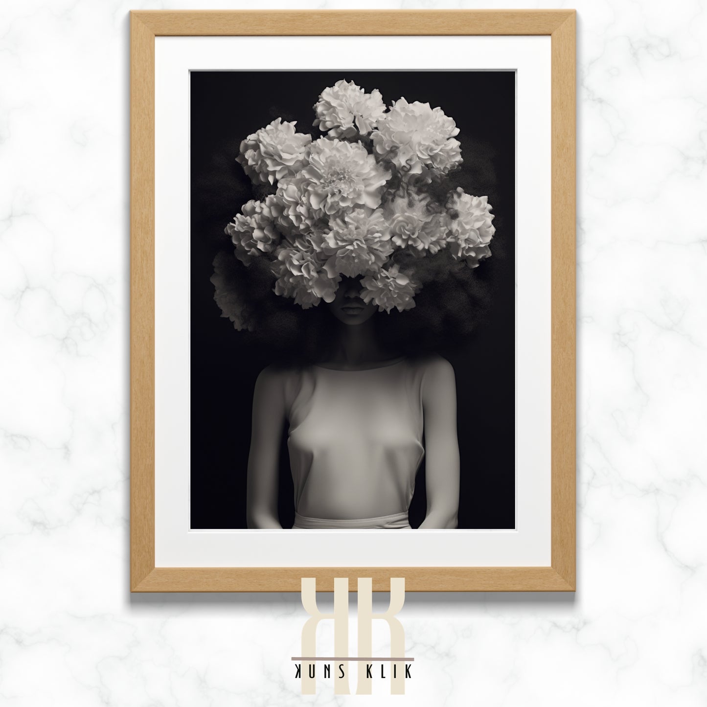 black and white photo of woman with a bouquet of flowers in front of her head