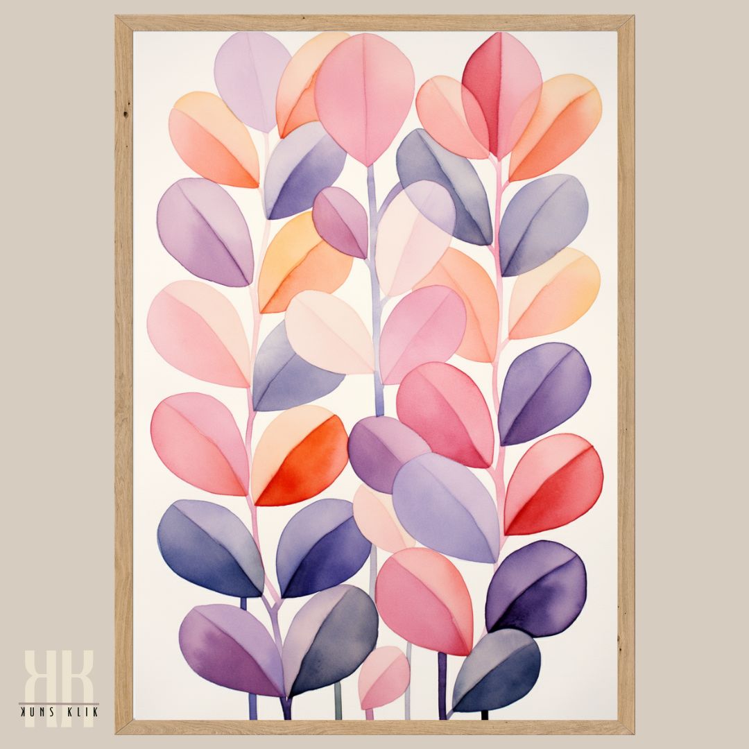 Abstract Botanical Watercolour Art Pink and Purple Leaves Print