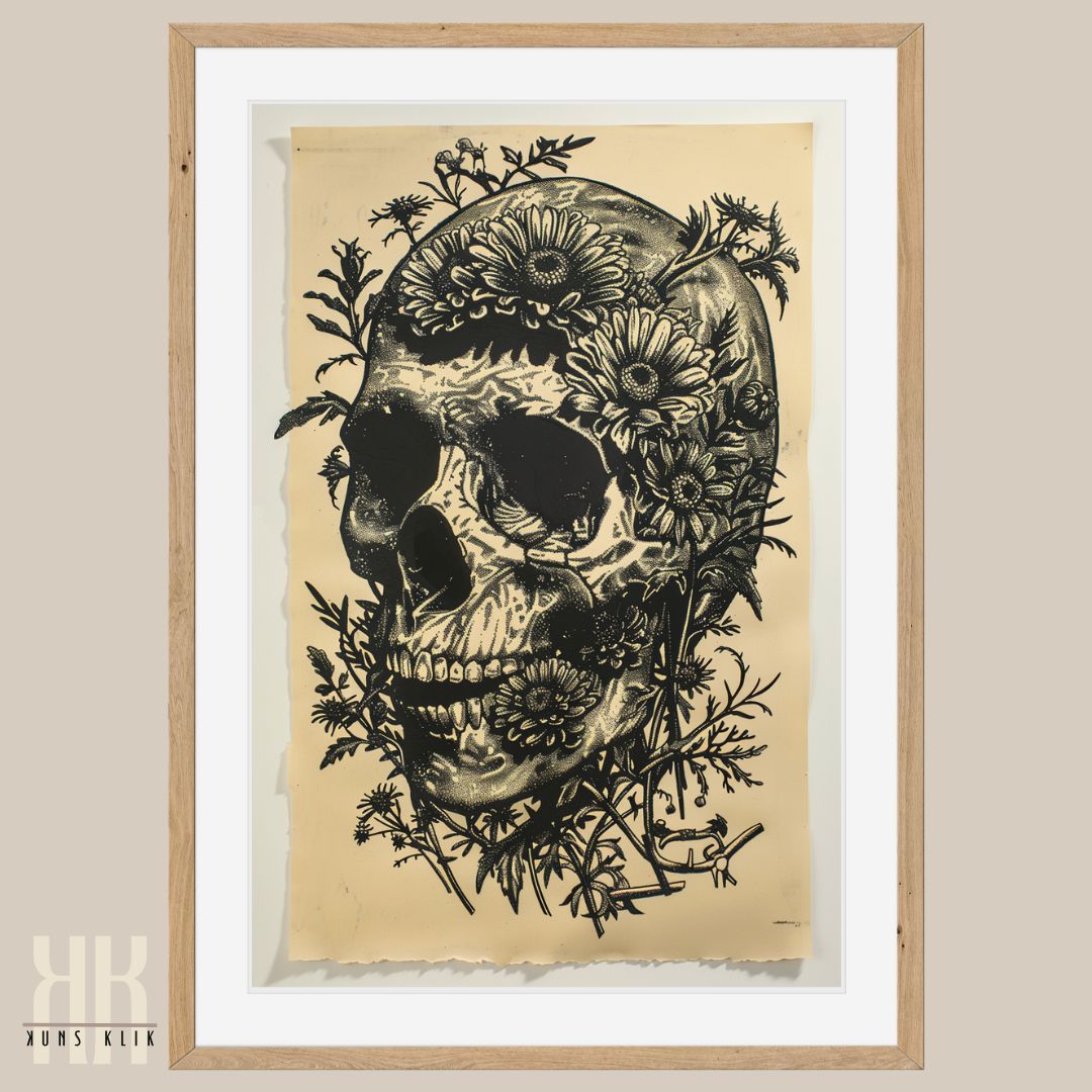 Detailed Floral Skull in Linocut Style