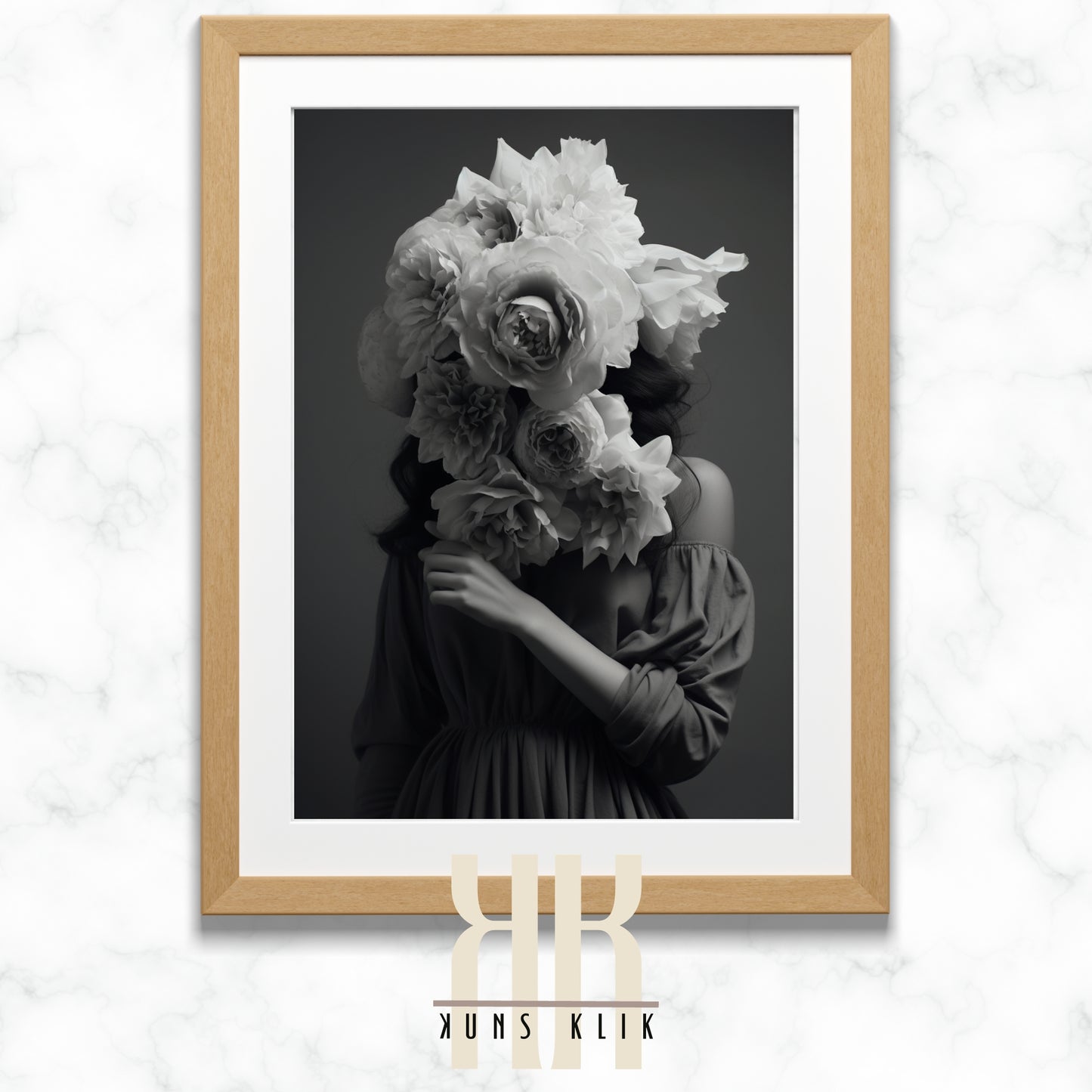 black and white photo of woman with a bouquet of flowers in front of her head