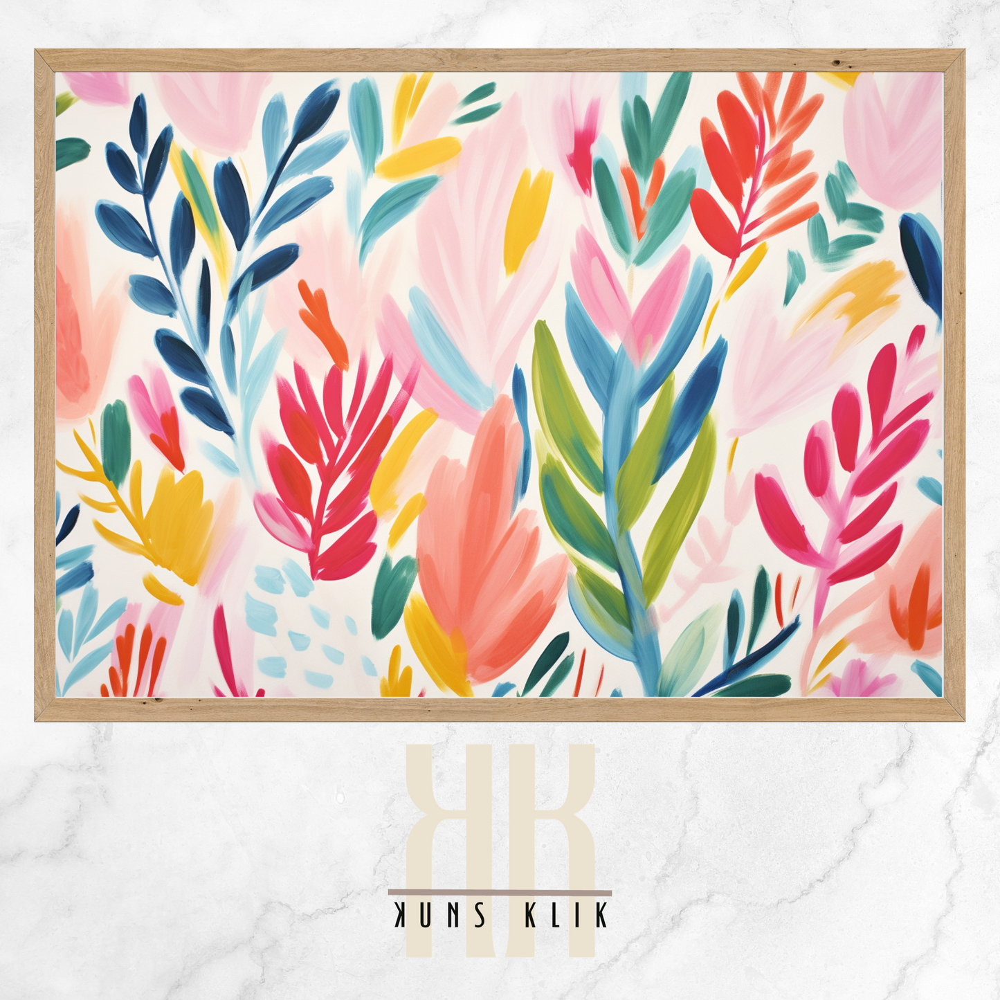 The artwork is a Matisse-style painting featuring a loose, abstract pattern of leaf shapes in a variety of pastel and vibrant hues against a white background. The brushstrokes are visible, giving a textured and dynamic feel to the composition. The color palette includes shades of blue, pink, orange, and yellow, creating a cheerful and lively atmosphere. The overall effect is reminiscent of a breezy, spring day.