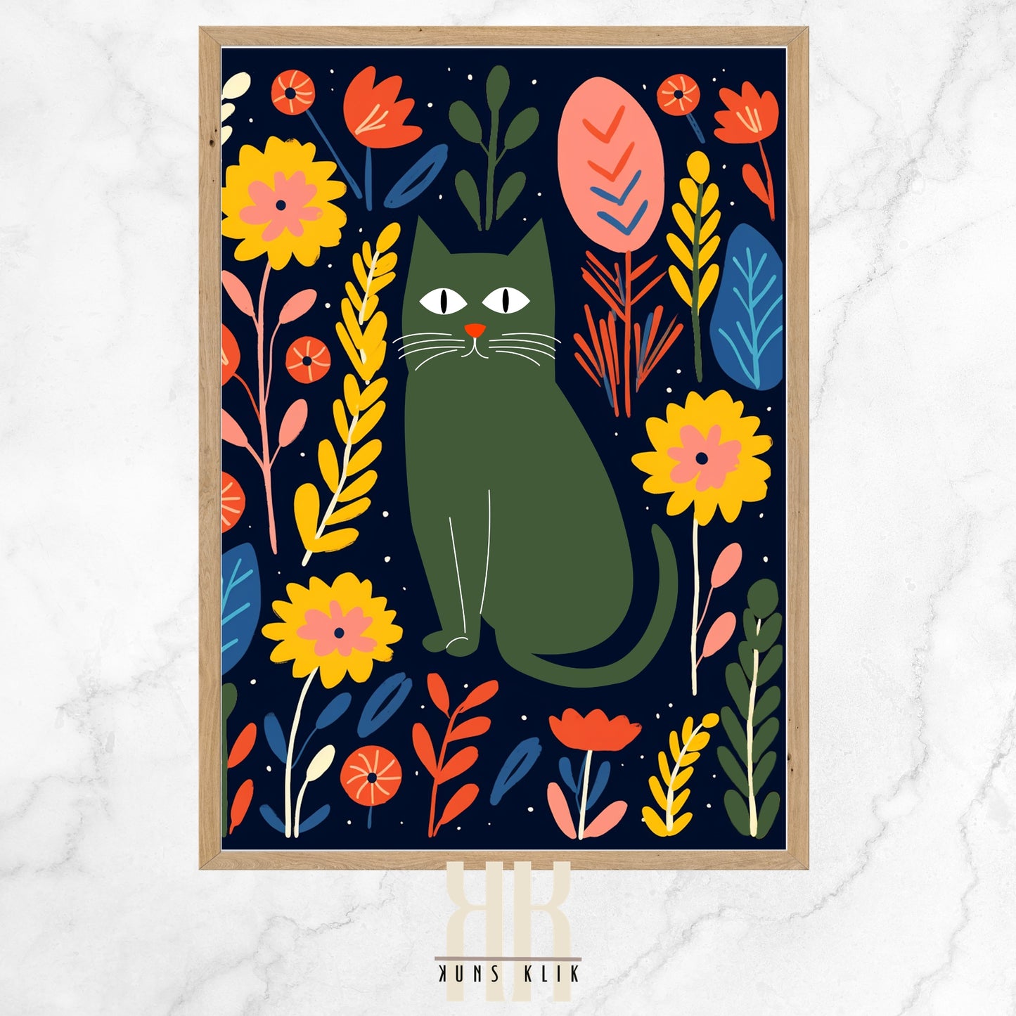 The image is a charming illustration set on a dark blue background, featuring a central green cat with a thoughtful expression. The cat is surrounded by a vibrant array of stylized flowers and plants in various colors such as yellow, orange, red, and blue. The flowers and leaves have a simplistic and abstract quality, with playful shapes and patterns. White speckles scattered throughout suggest a starry night or magical ambiance.