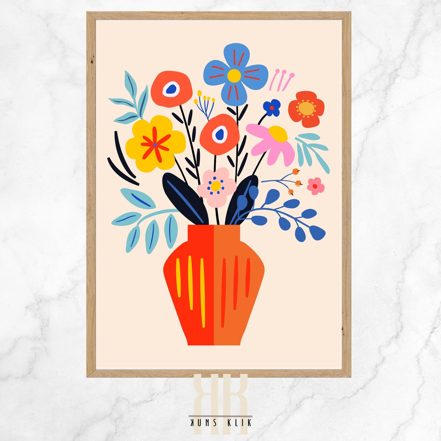 This image is a graphic illustration featuring a vibrant bouquet of flowers in a bold orange vase. The flowers are stylized and colorful, with petals in shades of red, blue, yellow, and pink, set against a pale background. The leaves and stems are depicted in dark and light blues, with simple black lines outlining the shapes. The arrangement has a playful, abstract feel, with a variety of floral types and sizes, creating a cheerful and dynamic composition.