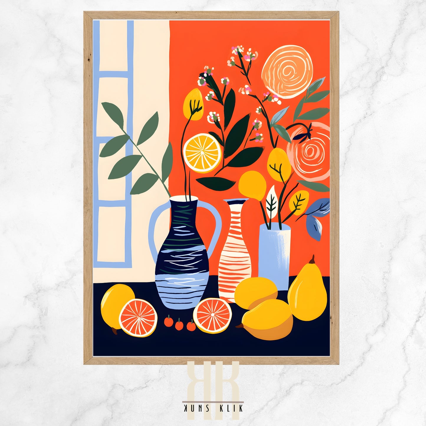 The image is a still life illustration with a bold and colorful composition. It features a variety of vases in different patterns and sizes, with one large navy vase prominently displaying green foliage and delicate pink flowers. To the right, a tall cream vase with striped detailing and a short sky blue vase hold simplistic plants. In the foreground, bright yellow lemons, both whole and sliced, are scattered, alongside a lone pear.