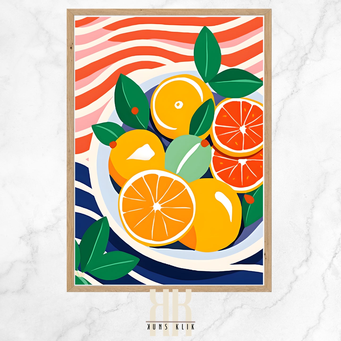 The image is a vibrant, graphic illustration of citrus fruits on a plate. Whole and halved oranges and lemons are depicted with a bold, stylized approach, using bright yellow and orange colors against a backdrop of dark blue and white stripes that suggest a tablecloth or surface. The fruits are accented with lush green leaves and small red berries, adding a touch of contrast. The overall feel of the artwork is fresh and cheerful, reminiscent of a sunny day.