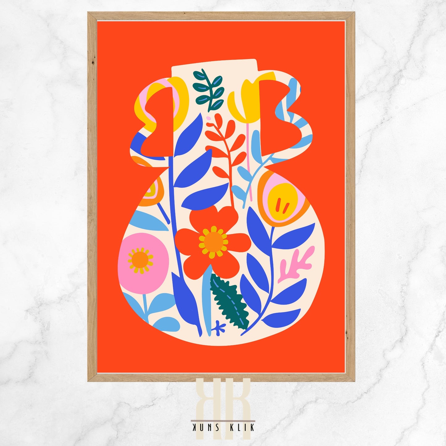 This is a bright and bold illustration featuring a stylized white vase against a vivid orange background. The vase is filled with an assortment of playful, abstract floral and leaf shapes in a variety of colors, including blue, red, yellow, and pink. The elements have a flat, cut-out appearance, reminiscent of Matisse’s cut-outs, creating a cheerful and modern take on a traditional still life subject.