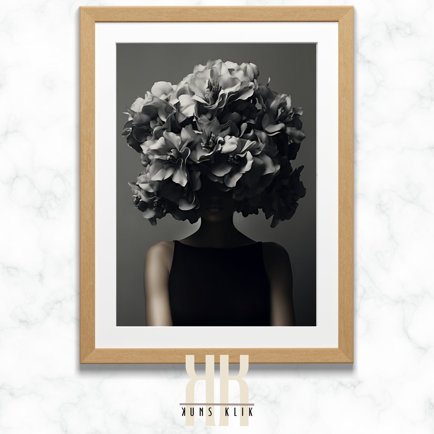 black and white photo of woman with a bouquet of flowers in front of her head