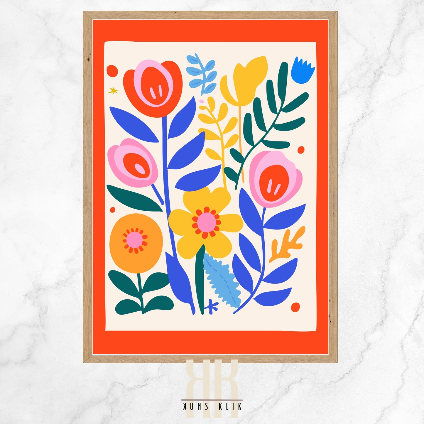 The image is a bold, colorful illustration featuring an array of stylized flowers and leaves on an off-white background, framed by a bright red border. The flowers, in shades of red, pink, and yellow, are depicted in a simplistic and abstract manner with various patterns and shapes. The leaves are rendered in shades of blue and green, adding contrast to the warm tones of the flowers. The overall composition is lively and playful, with a modern, graphic design aesthetic.