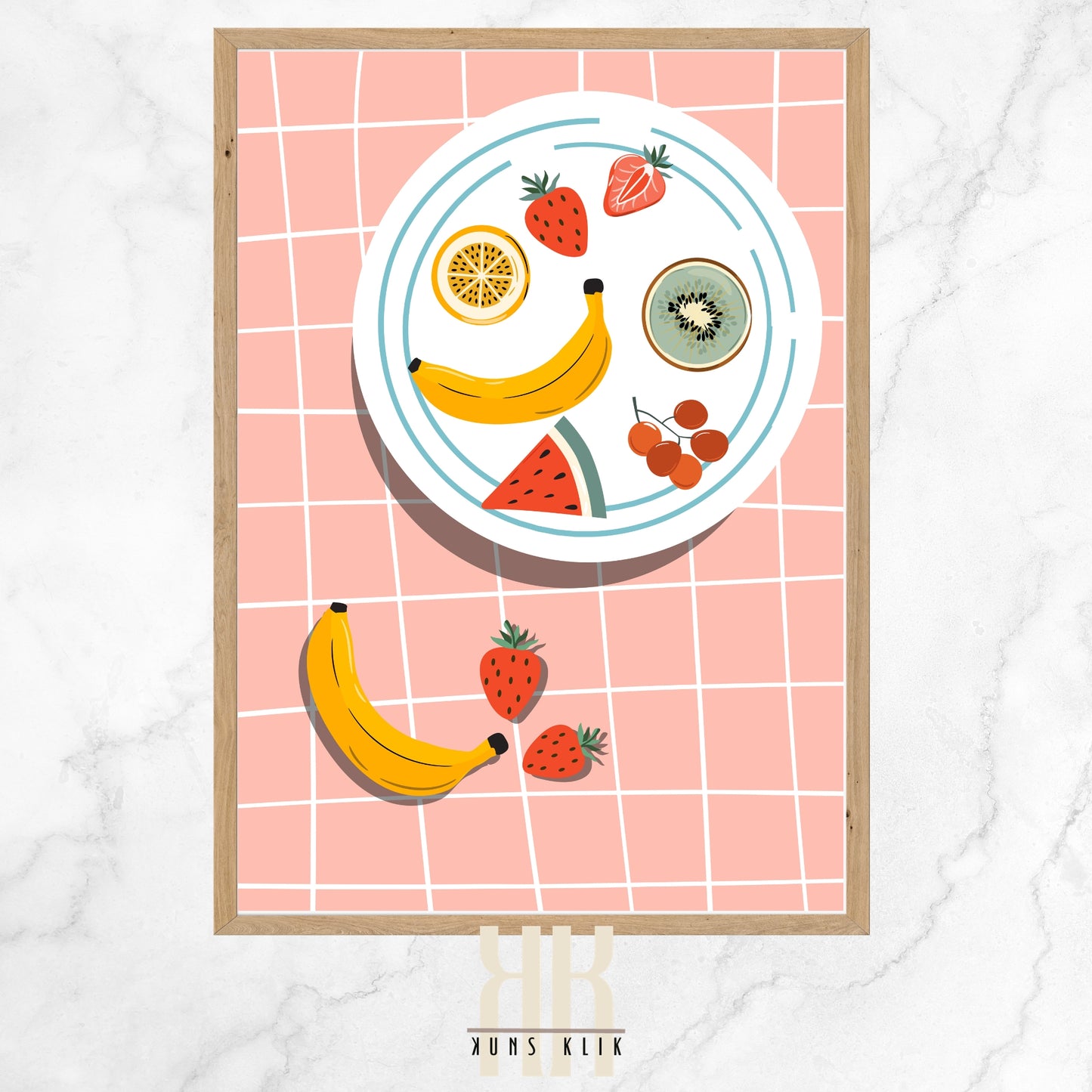 This is a vibrant illustration of various fruits, including bananas, strawberries, watermelon, lemon, kiwi, and cherries, arranged on and around a white plate against a pink tiled background. The style is graphic and colorful, with a playful arrangement that evokes a fresh and cheerful atmosphere.