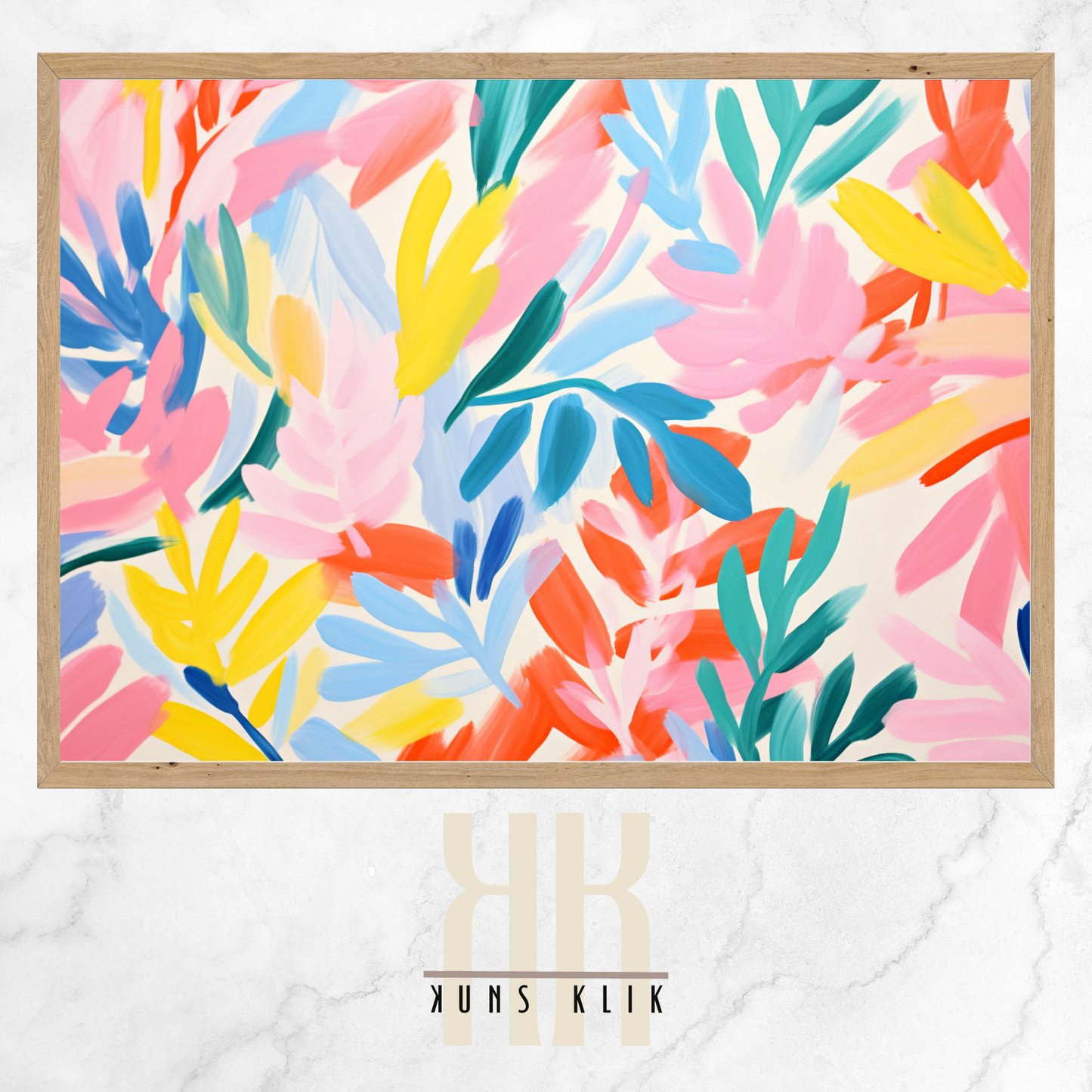 The artwork is a Matisse-style painting featuring a loose, abstract pattern of leaf shapes in a variety of pastel and vibrant hues against a white background. The brushstrokes are visible, giving a textured and dynamic feel to the composition. The color palette includes shades of blue, pink, orange, and yellow, creating a cheerful and lively atmosphere. The overall effect is reminiscent of a breezy, spring day.