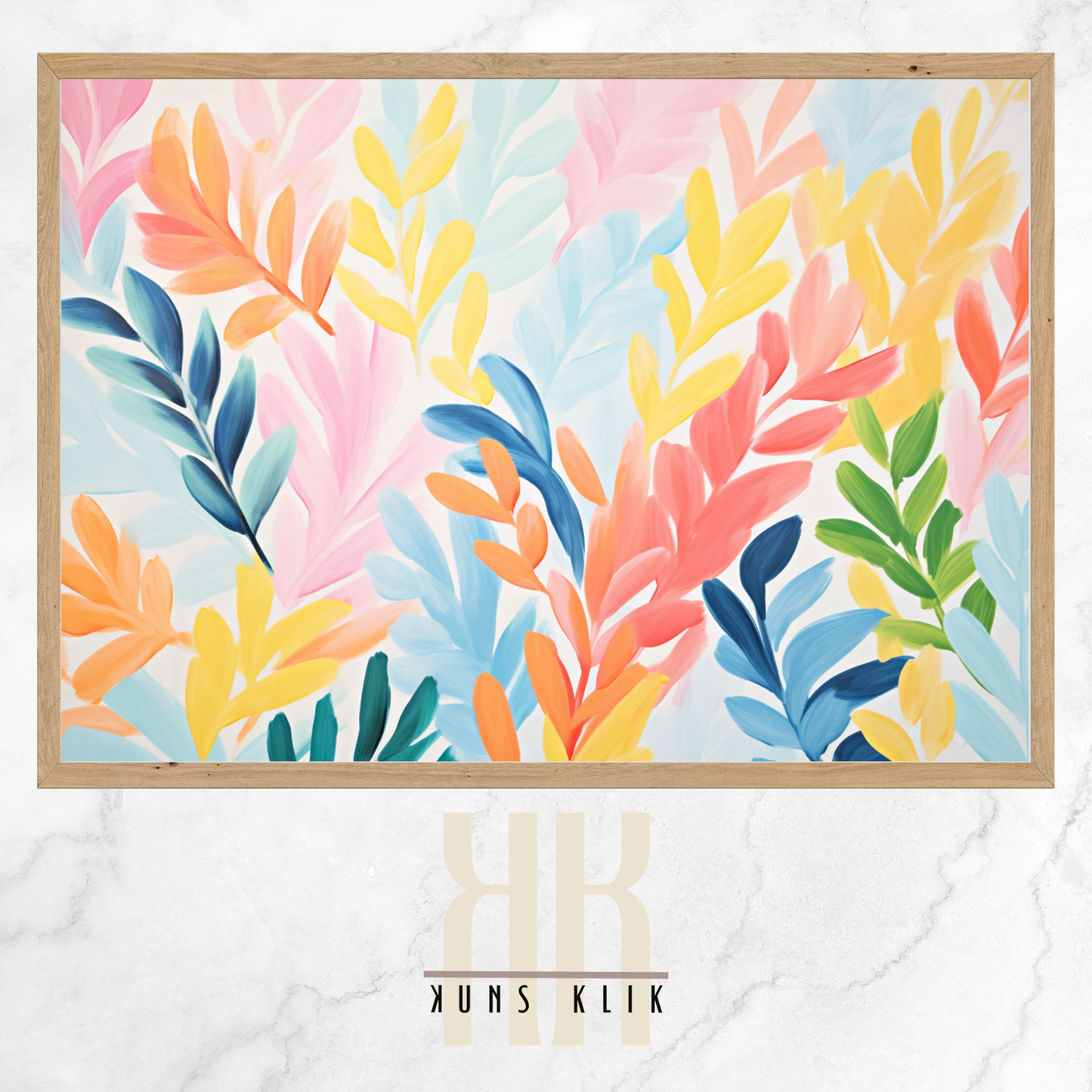 The artwork is a Matisse-style painting featuring a loose, abstract pattern of leaf shapes in a variety of pastel and vibrant hues against a white background. The brushstrokes are visible, giving a textured and dynamic feel to the composition. The color palette includes shades of blue, pink, orange, and yellow, creating a cheerful and lively atmosphere. The overall effect is reminiscent of a breezy, spring day.