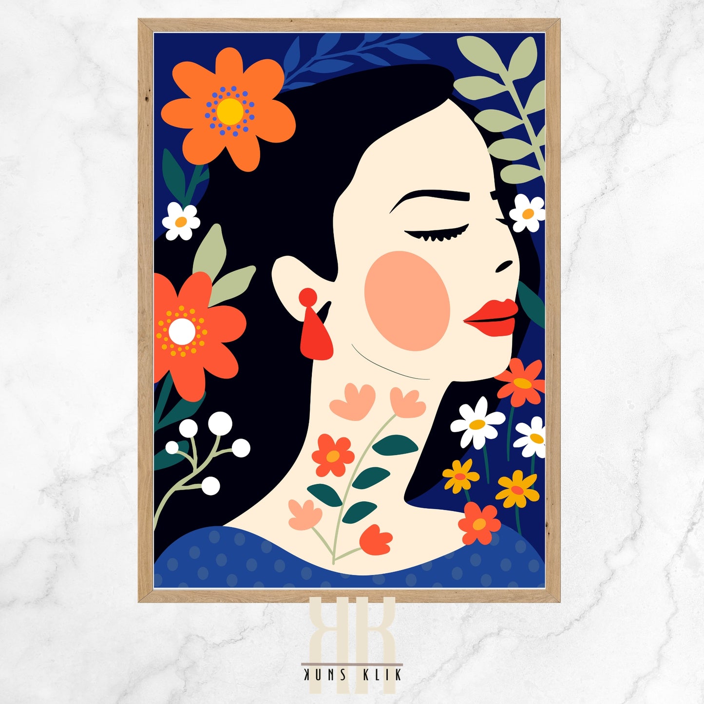 The image depicts a stylized illustration of a woman in profile with a serene expression, accented by a backdrop of vibrant, colorful flowers. Her features are simplified and rendered in bold, flat colors, complemented by a striking red earring. The surrounding flora, illustrated with a graphic design approach, adds a lively and naturalistic element to the portrait.