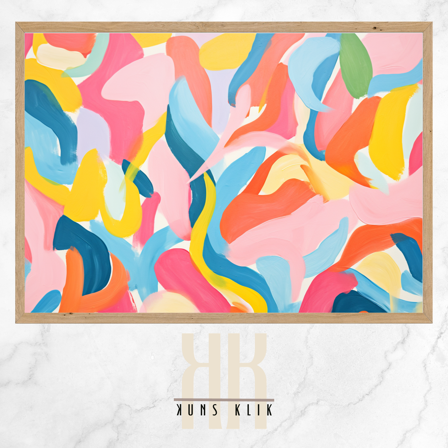 The artwork is a Matisse-style painting featuring a loose, abstract pattern of leaf shapes in a variety of pastel and vibrant hues against a white background. The brushstrokes are visible, giving a textured and dynamic feel to the composition. The color palette includes shades of blue, pink, orange, and yellow, creating a cheerful and lively atmosphere. The overall effect is reminiscent of a breezy, spring day.