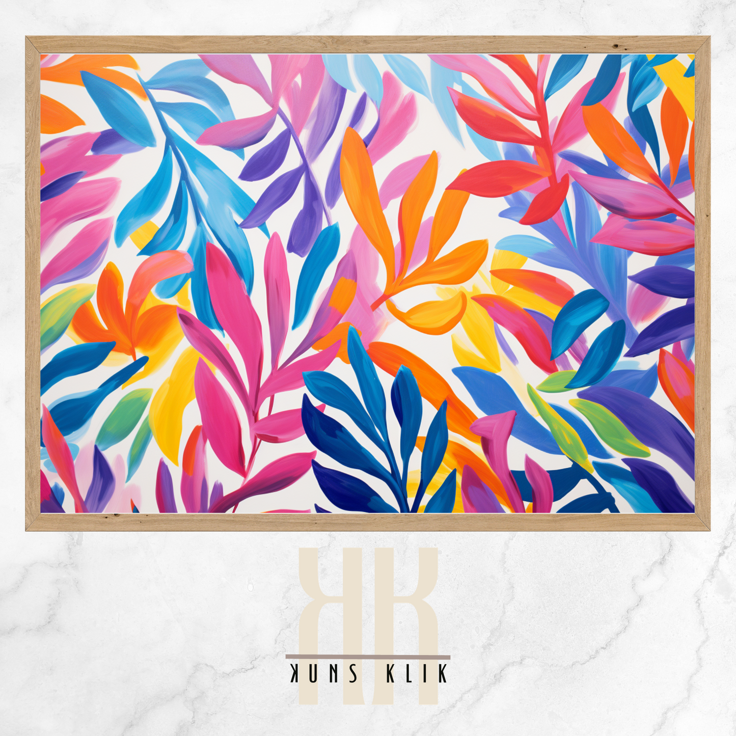 The artwork is a Matisse-style painting featuring a loose, abstract pattern of leaf shapes in a variety of pastel and vibrant hues against a white background. The brushstrokes are visible, giving a textured and dynamic feel to the composition. The color palette includes shades of blue, pink, orange, and yellow, creating a cheerful and lively atmosphere. The overall effect is reminiscent of a breezy, spring day.