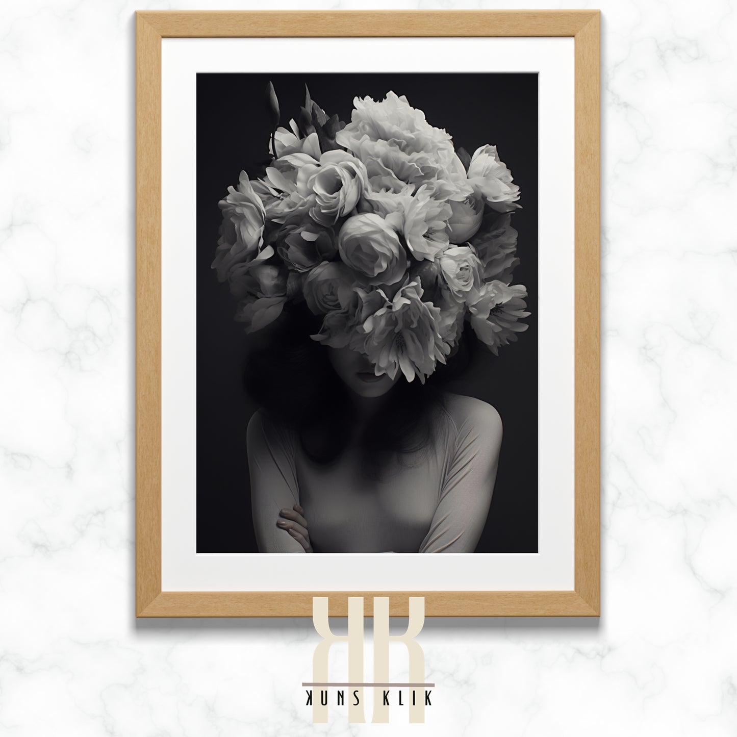 black and white photo of woman with a bouquet of flowers in front of her head