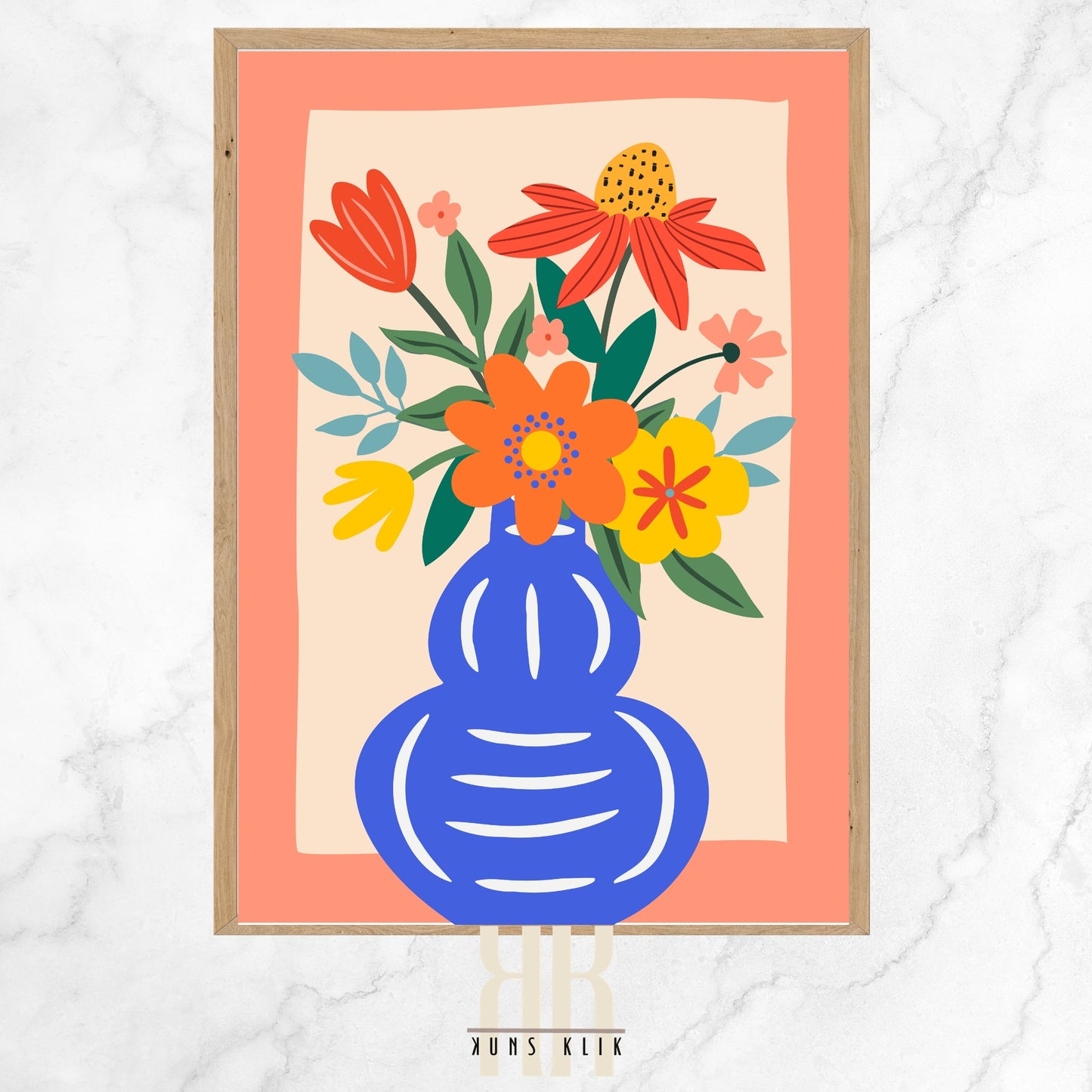 The image is a modern, stylized illustration of a blue vase with a variety of colorful flowers. The vase sits against a peach-colored background, and the bouquet features flowers in shades of orange, red, pink, and yellow with green foliage. The flowers are depicted with simple shapes and bold outlines, creating an overall cheerful and contemporary graphic design.