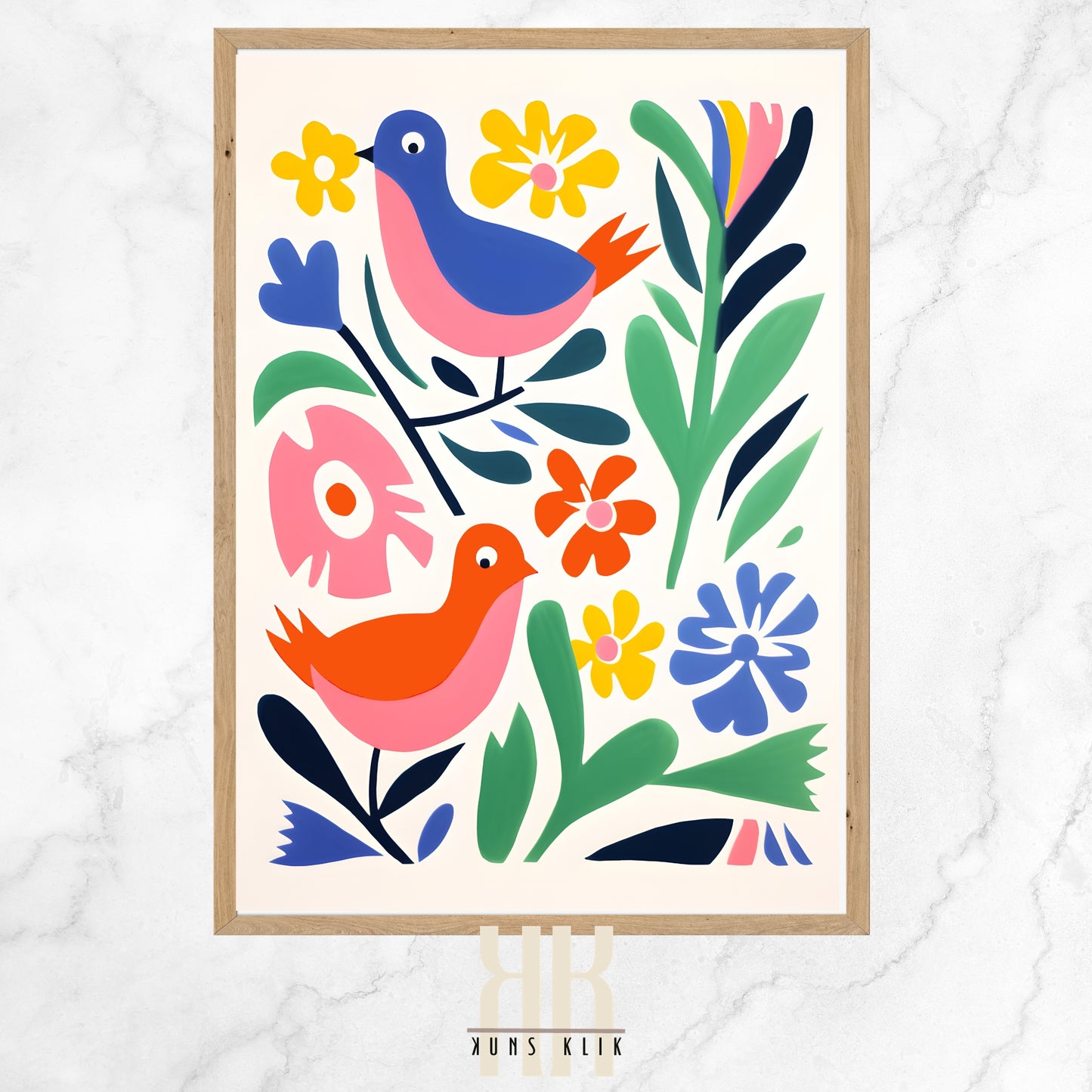 The image is a vibrant and colorful illustration featuring two stylized birds amidst a variety of flowers and leaves. The bird at the top is blue with a small yellow flower in its beak, and the one at the bottom is orange. The flowers are in shades of pink, orange, yellow, and blue, each with a unique and simple shape, set against a pale background. The leaves are depicted in various shades of green and blue, with bold outlines adding to the graphic nature of the artwork.