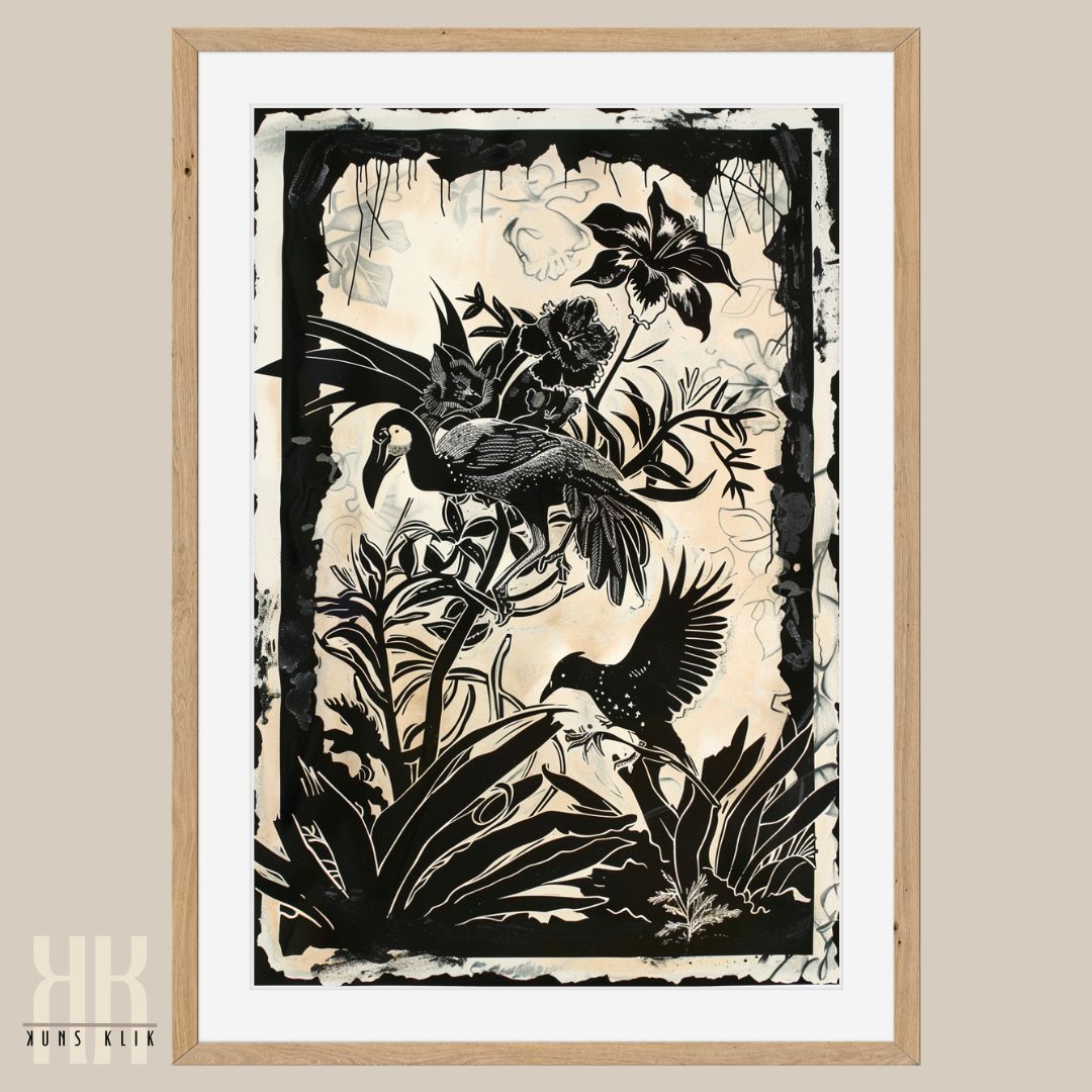 Birds in Forest Black Ink Etching Lino Cut Art