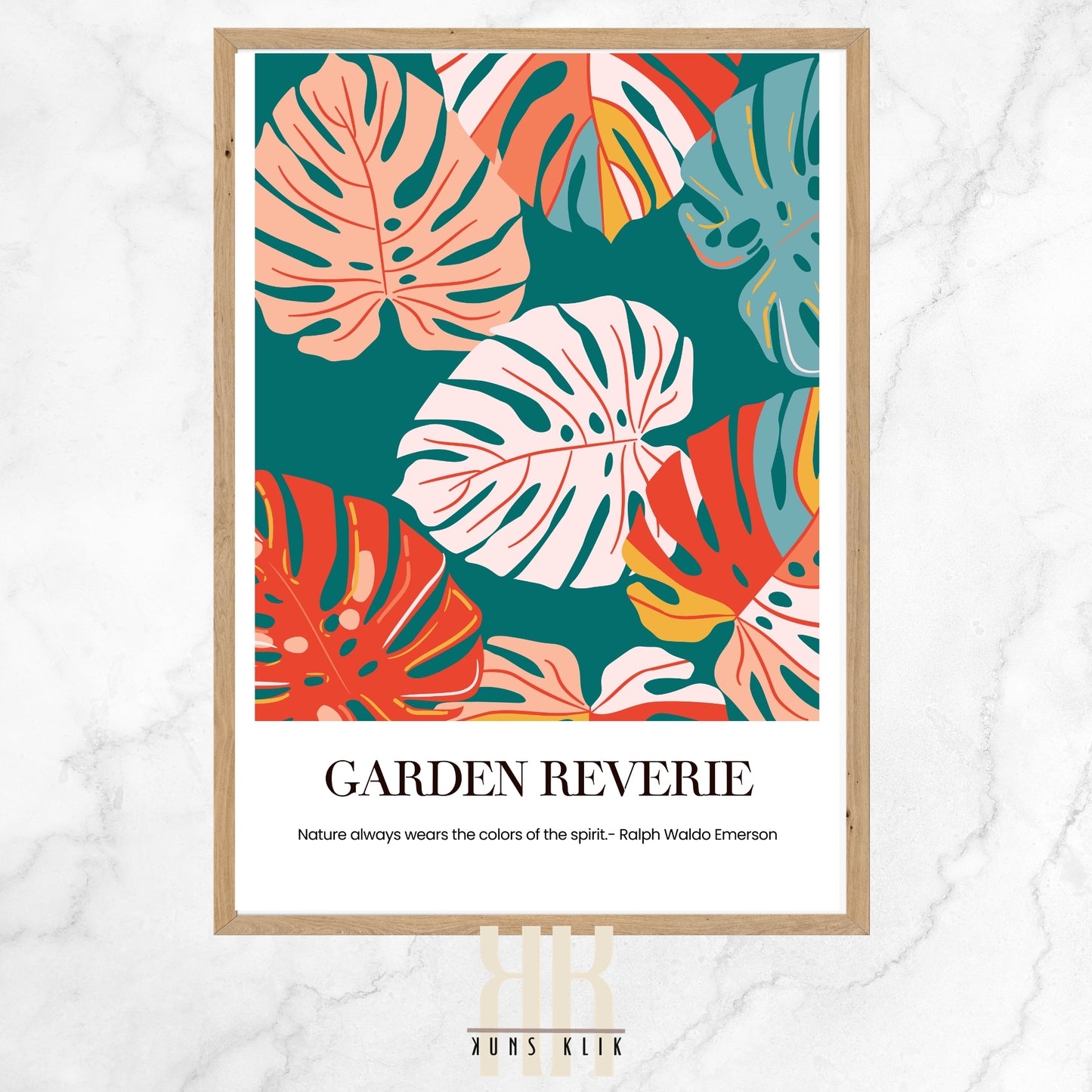 The image features a bold and colorful illustration of tropical monstera leaves against a deep teal background. The leaves are intricately patterned with various shades of pink, yellow, and white highlights, creating a vivid contrast. At the bottom, there is a quote in elegant typography that reads "GARDEN REVERIE - Nature always wears the colors of the spirit - Ralph Waldo Emerson." The overall design evokes a sense of lush, vibrant nature and the inspiring beauty of a garden in full bloom.