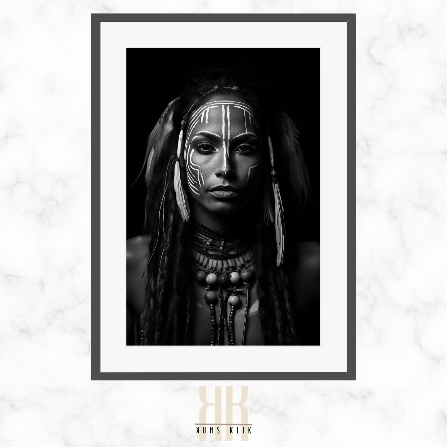 A monochrome portrait of an individual with traditional facial markings and adorned with tribal jewelry, including a headdress, earrings, and necklaces. The person is gazing directly at the camera with a neutral expression.