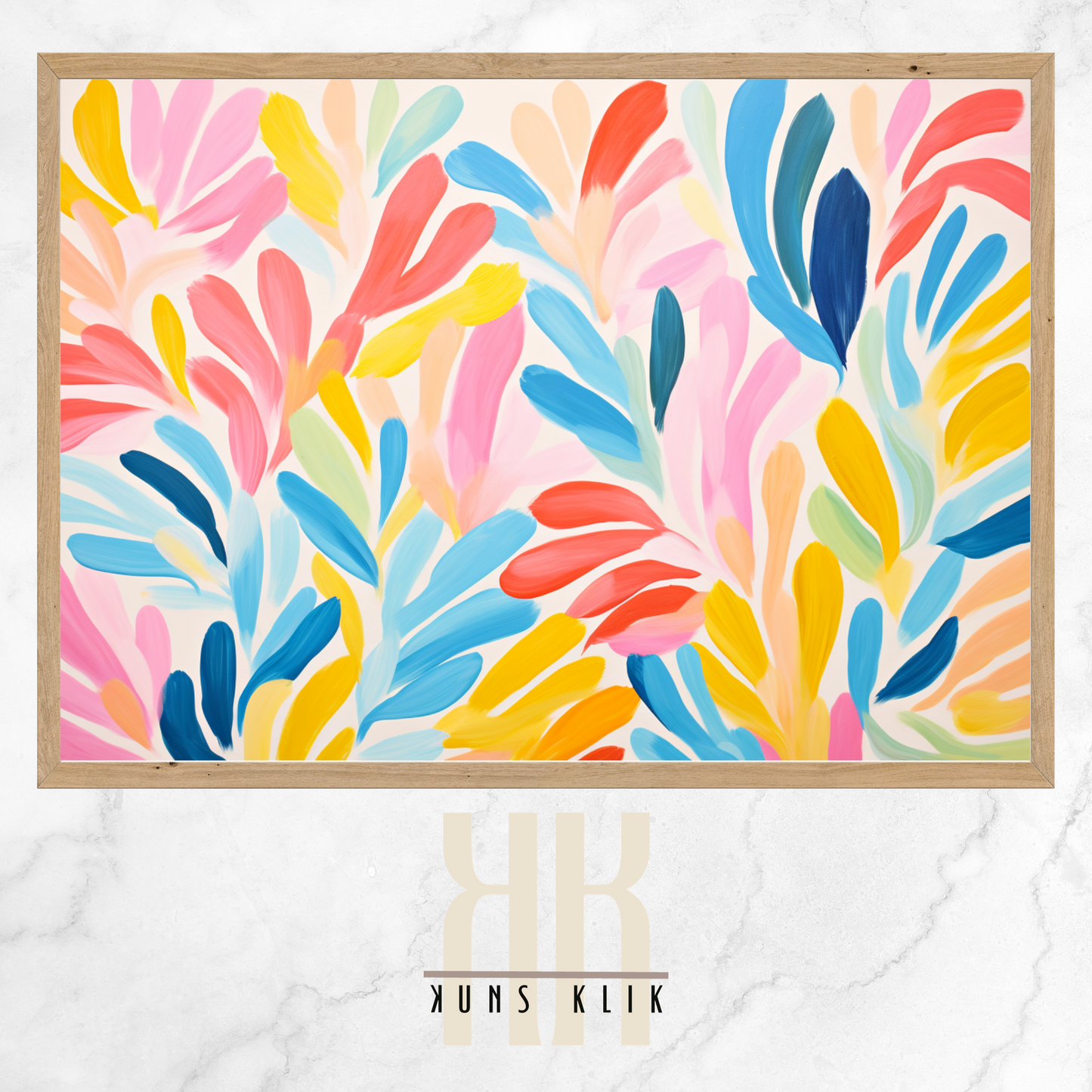 The artwork is a Matisse-style painting featuring a loose, abstract pattern of leaf shapes in a variety of pastel and vibrant hues against a white background. The brushstrokes are visible, giving a textured and dynamic feel to the composition. The color palette includes shades of blue, pink, orange, and yellow, creating a cheerful and lively atmosphere. The overall effect is reminiscent of a breezy, spring day.