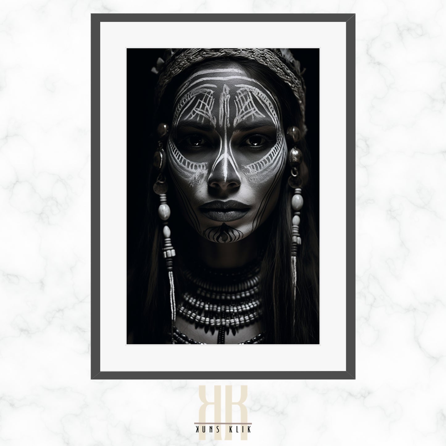 A monochrome portrait of an individual with traditional facial markings and adorned with tribal jewelry, including a headdress, earrings, and necklaces. The person is gazing directly at the camera with a neutral expression.
