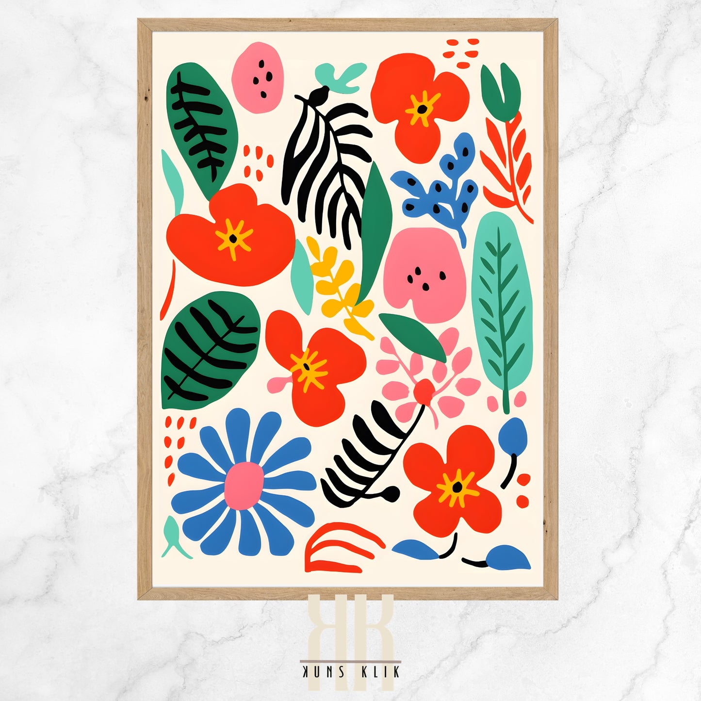 The image is a vibrant and abstract floral art print with a variety of bold shapes and colors. It features stylized flowers in red and blue, with yellow centers, and assorted leaves and berries in shades of green, navy, and pink. The elements are arranged against a light beige background, creating a playful and energetic composition. The art style is reminiscent of cut-out paper with flat colors and black outlines, giving the piece a modern and graphic feel.