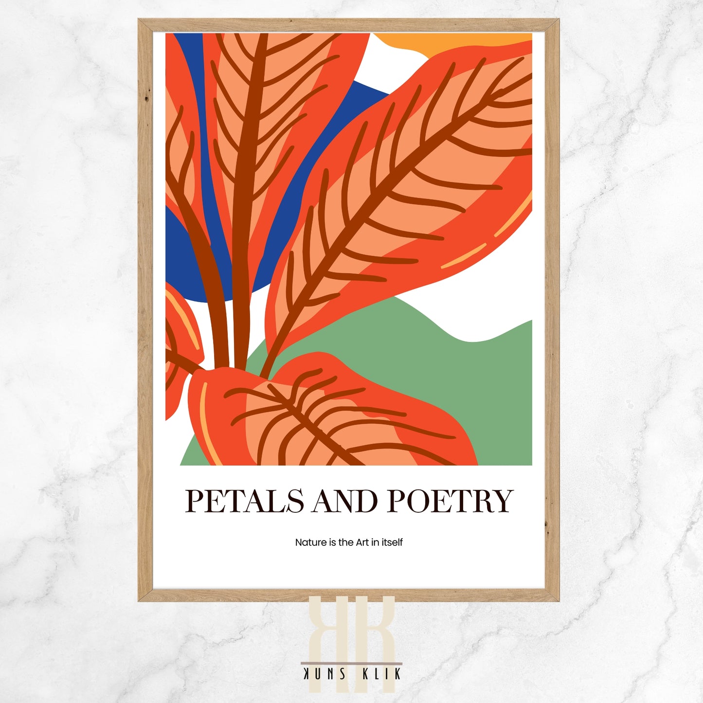 The image features a bold graphic illustration of stylized, oversized plant leaves in shades of red and orange with prominent brown veins, set against a background of geometric shapes in blue and green. Below the illustration, there is text that reads "PETALS AND POETRY" in a serif font, followed by the phrase "Nature is the Art in itself," suggesting a theme of finding beauty and inspiration in the natural world. The design is modern and artistic, with a warm and inviting color palette.