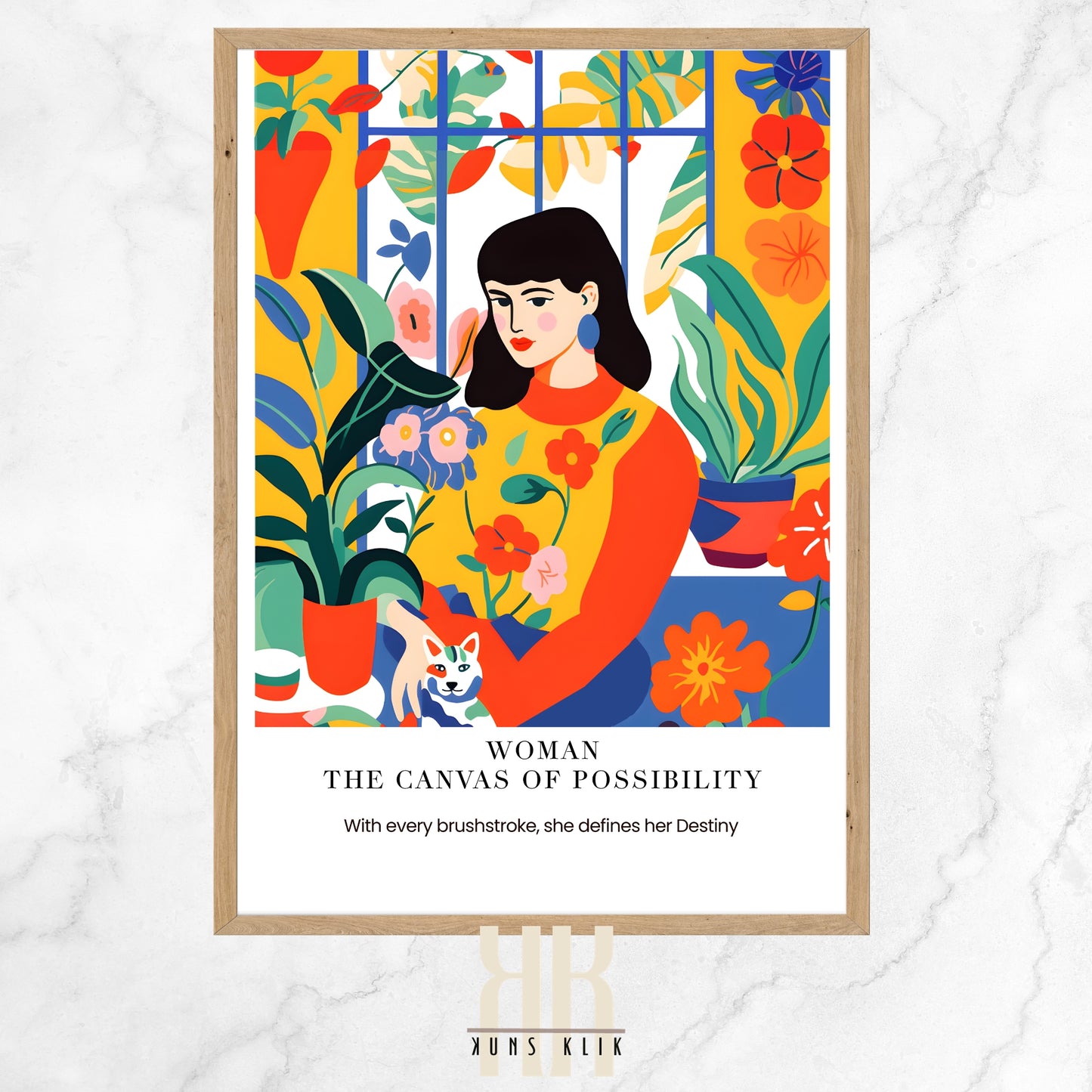 The artwork is a stylized illustration featuring a woman in a vibrant orange dress with a high neckline and long sleeves. She has dark hair styled in a classic bob, with prominent blue earrings complementing her attire. The woman is posed against a window with yellow panes that frame a lush garden scene, complete with a variety of plants and flowers in bold, saturated colors. She gently holds a small, playful cat with distinctive markings, and a potted plant with purple flowers is cradled in her other arm.