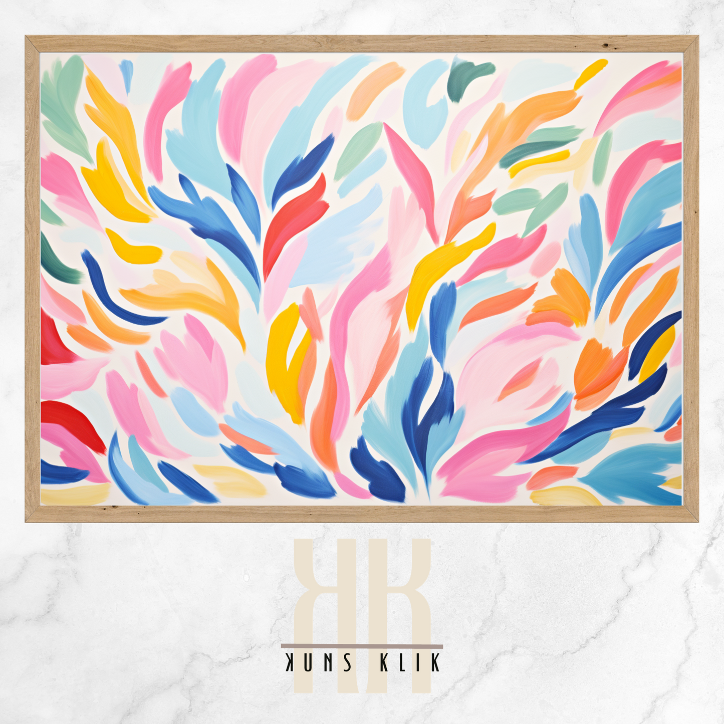 The artwork is a Matisse-style painting featuring a loose, abstract pattern of leaf shapes in a variety of pastel and vibrant hues against a white background. The brushstrokes are visible, giving a textured and dynamic feel to the composition. The color palette includes shades of blue, pink, orange, and yellow, creating a cheerful and lively atmosphere. The overall effect is reminiscent of a breezy, spring day.