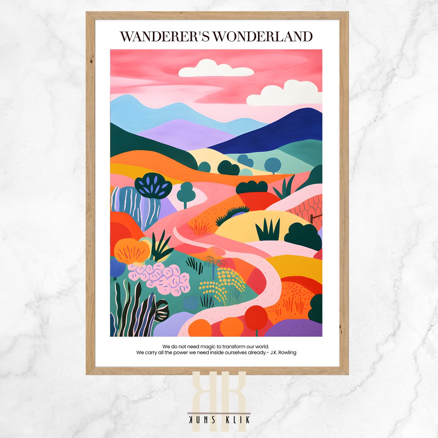 The image is a vibrant, abstract landscape with a quote from J.K. Rowling at the bottom. Stylized layers of hills and valleys in a range of colors, including purple, blue, green, and orange, stretch across the scene. Graphic elements reminiscent of plants and trees populate the landscape, adding a whimsical touch. The sky is depicted in soft shades of pink with white clouds.