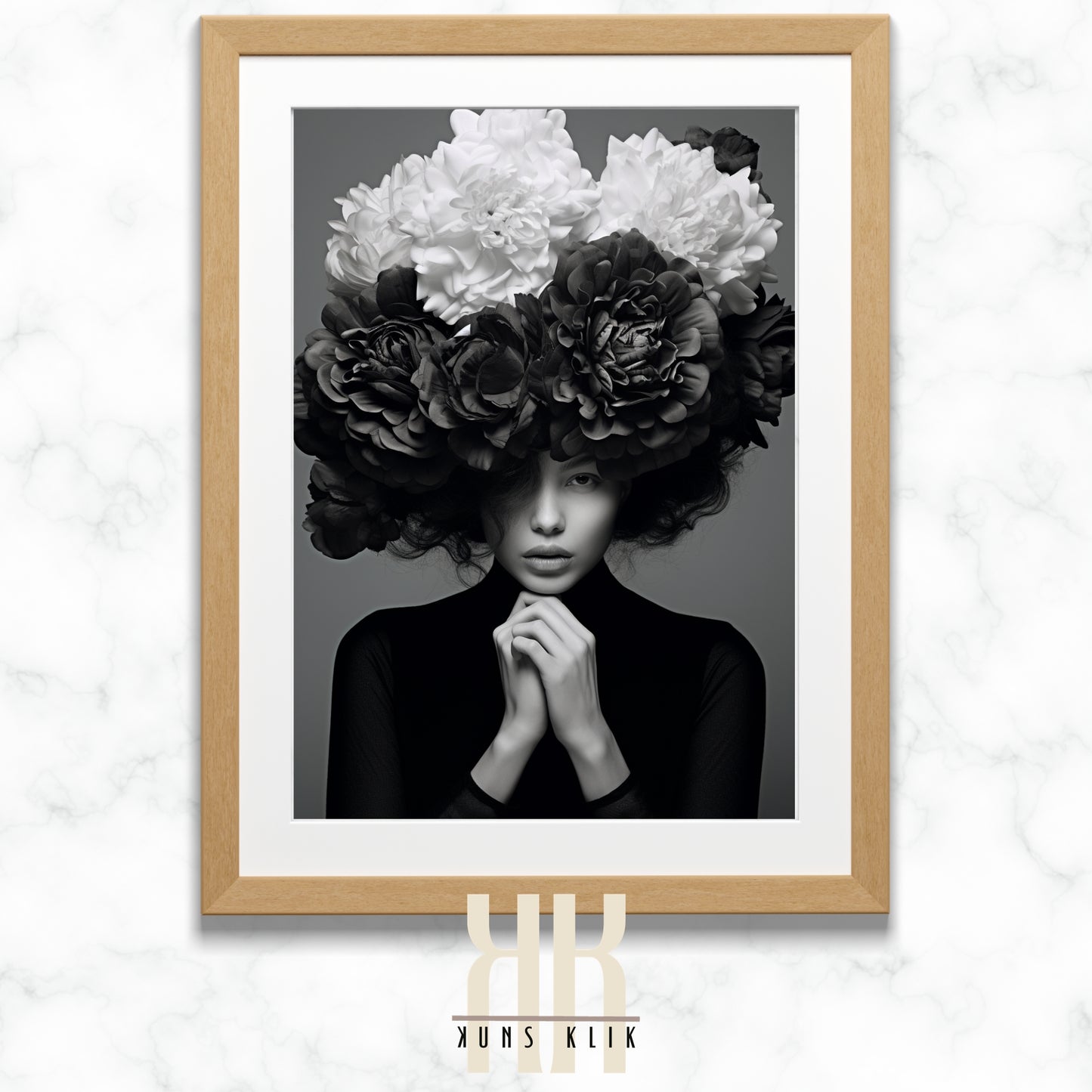 black and white photo of woman with a bouquet of flowers in front of her head
