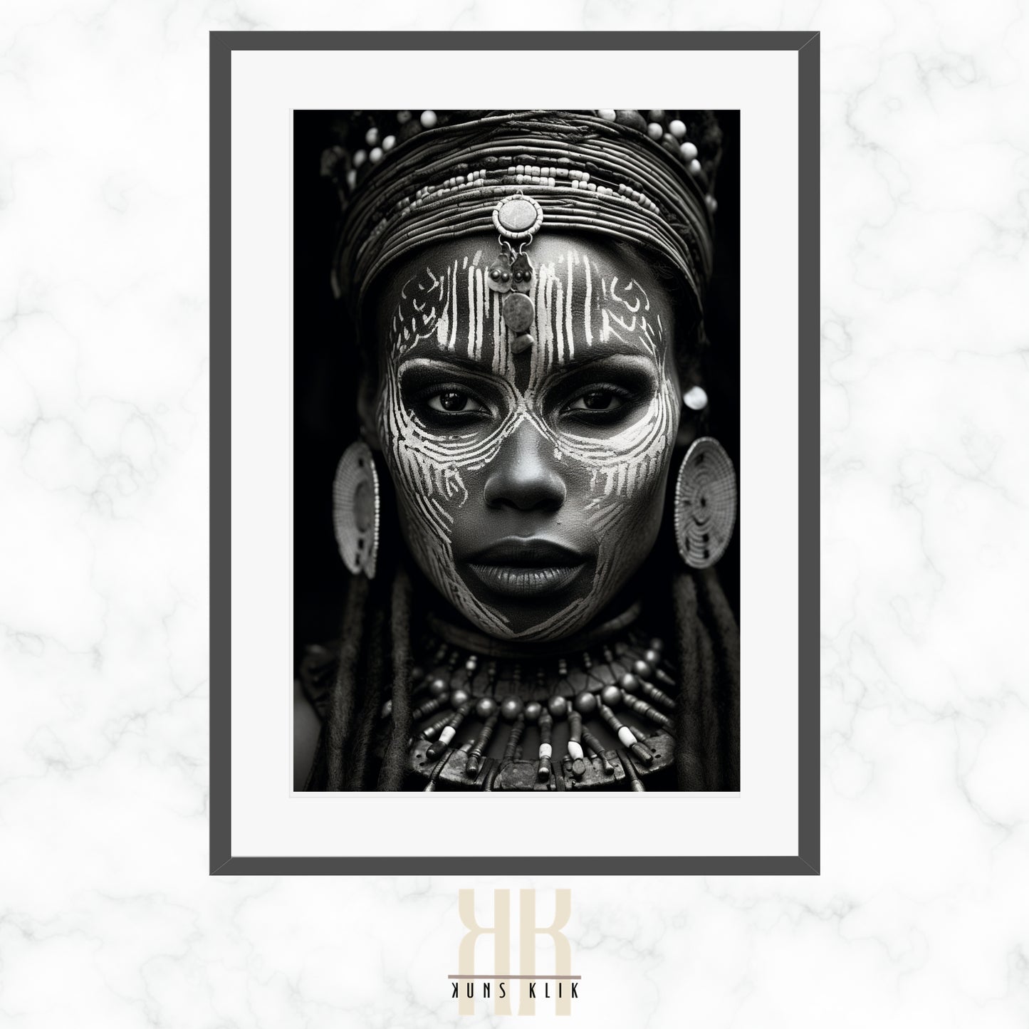 A monochrome portrait of an individual with traditional facial markings and adorned with tribal jewelry, including a headdress, earrings, and necklaces. The person is gazing directly at the camera with a neutral expression.