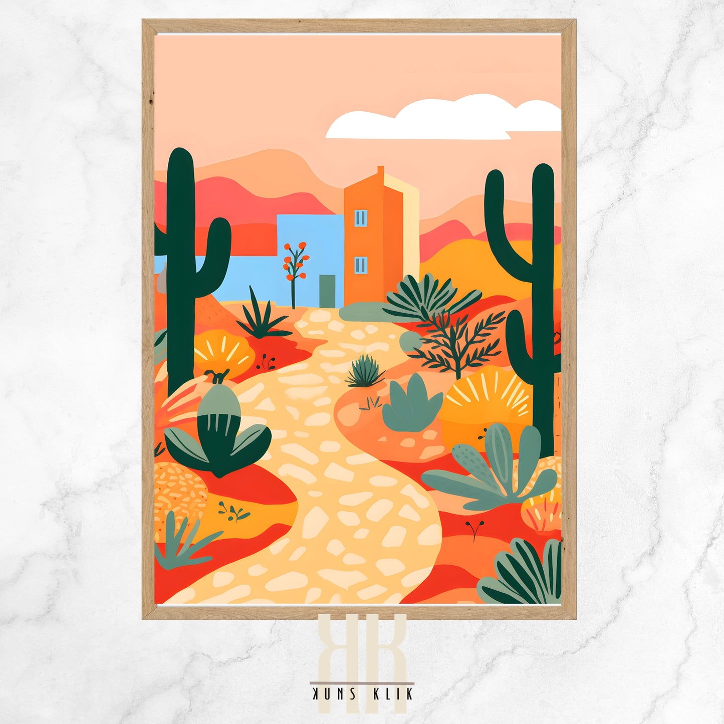 The image features a vibrant desert landscape with a cobblestone path leading to a small house with a blue facade against a backdrop of rolling hills. Various cacti and desert plants line the path, and the sky is adorned with a soft cloud. The color palette includes warm shades of orange, pink, and yellow, evoking a sunset ambiance. The illustration is rendered in a flat, modern style with an emphasis on shape and color over detail.