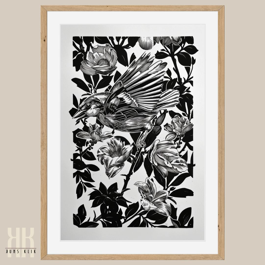 Black and White Hummingbird and Flowers Art